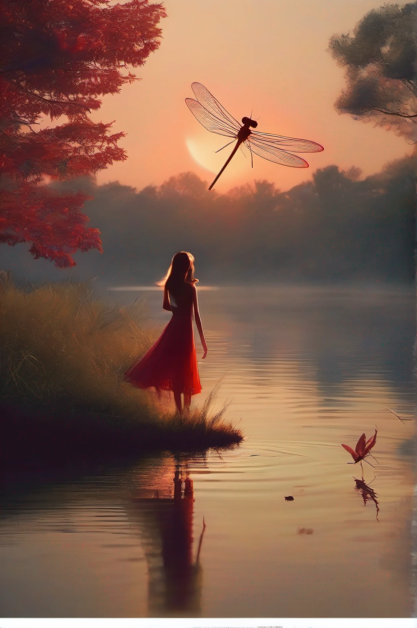 A red dragonfly is perched on the fingers of a beautiful girl、Beautiful countryside sunset,ufo