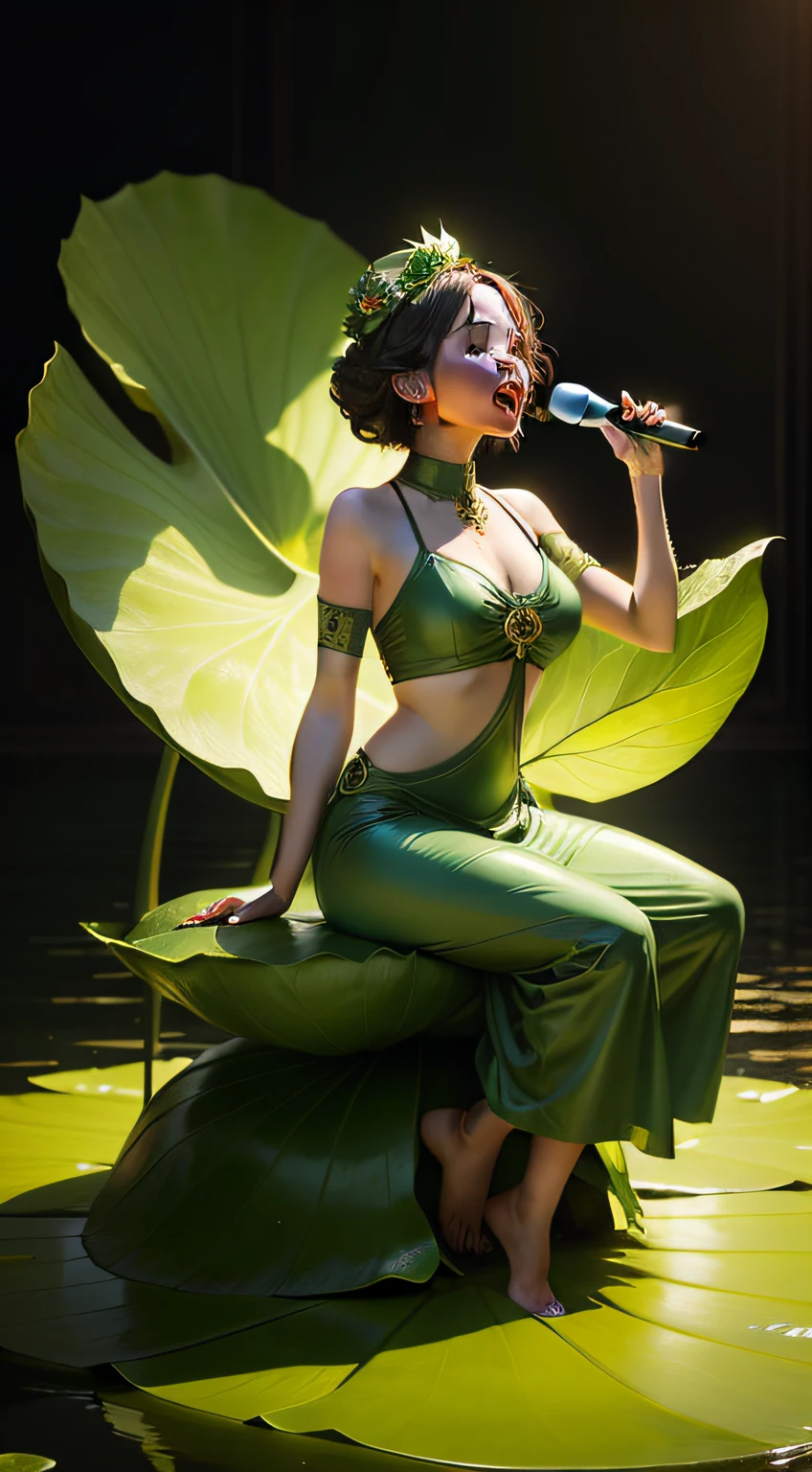 Woman sitting on a lotus leaf,Sing with a microphone,Light green tones,Large lotus leaves