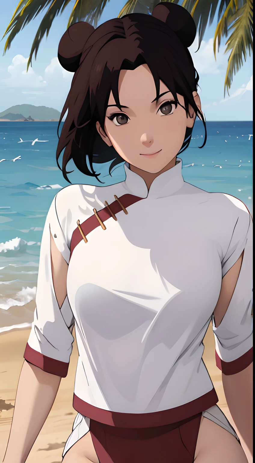 (tmasterpiece:1.3),Black color hair,(little breast),white clothes,ssmile,slightly fat big breasts,Be red in the face,best qualtiy,The is very detailed,Get close to the lens,Delicate and beautiful face,sea beach,rays of sunshine,baiyun,Flying birds