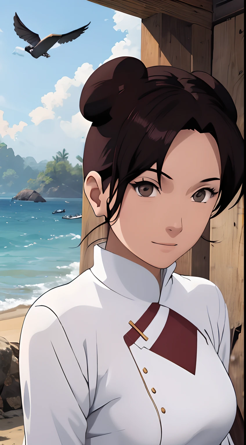 （tmasterpiece：1.3），Black color hair，（little breast），white  clothes，ssmile，slightly fat big breasts，Be red in the face，best qualtiy，The is very detailed，Get close to the lens，Delicate and beautiful face，sea beach，rays of sunshine，baiyun，Flying birds