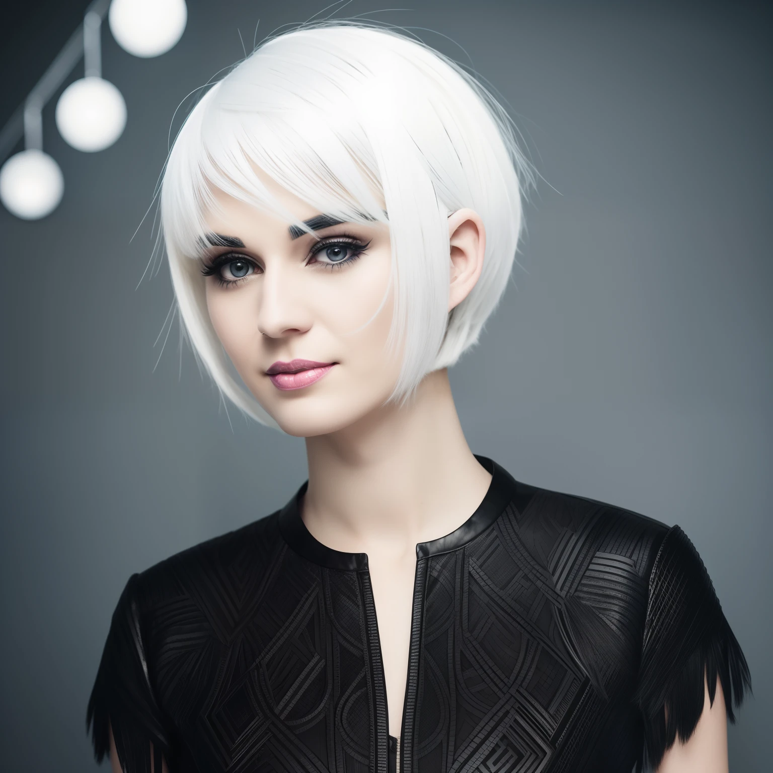 arafed woman with white hair and a black dress standing, white hair, bright white hair, bob cut white hair, bob cut white hair, she has bob cut white hair, fairycore, white glowing hair, she looks like a mix of grimes, white skin and bob cut fiery hair, lily frank