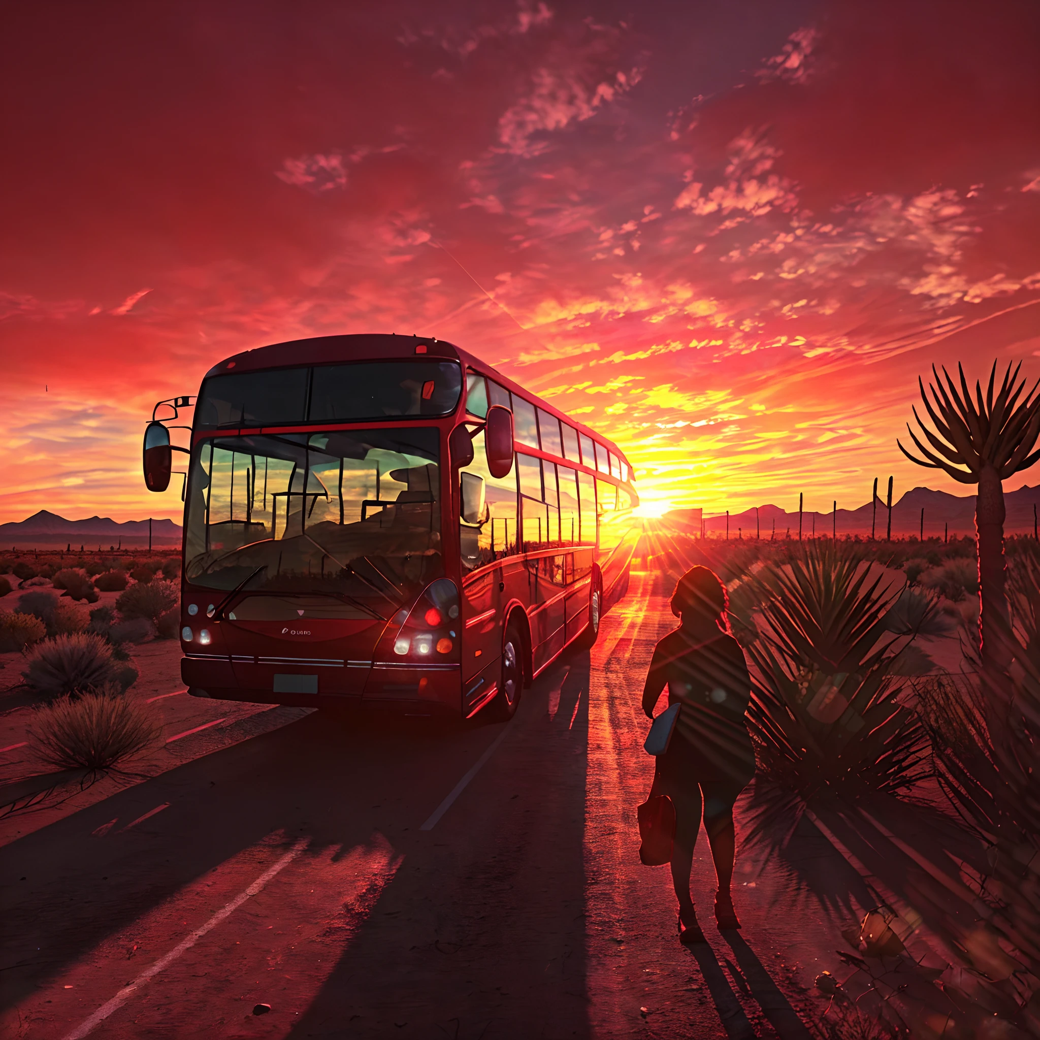 high details, best quality, 8k, [ultra detailed], masterpiece, best quality, (extremely detailed), shot from the rear, ultra wide shot, photorealistic, a picture of  a bus driving towards sun set, desert road, desert background, back light, silhouette, a woman seeing the bus drive away,