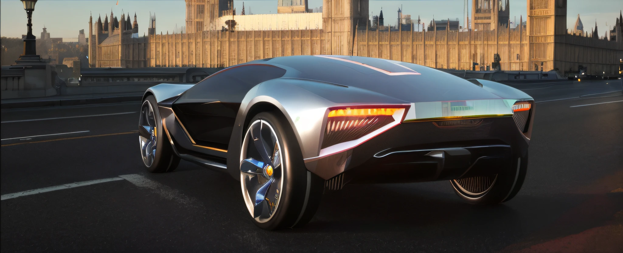 Arafeld car on the road,The background is Big Ben, Futuristic concept car, futuristic product car shot, Concept car, Futuristic chrome vehicle, Futuristic car, futuristic car concept, futuristic concept design, Futuristic car, render of futuristic supercar, neofuturistic highly detailed, super rendered in octane render, car concept art, futuristic dieselpunk street, car concept