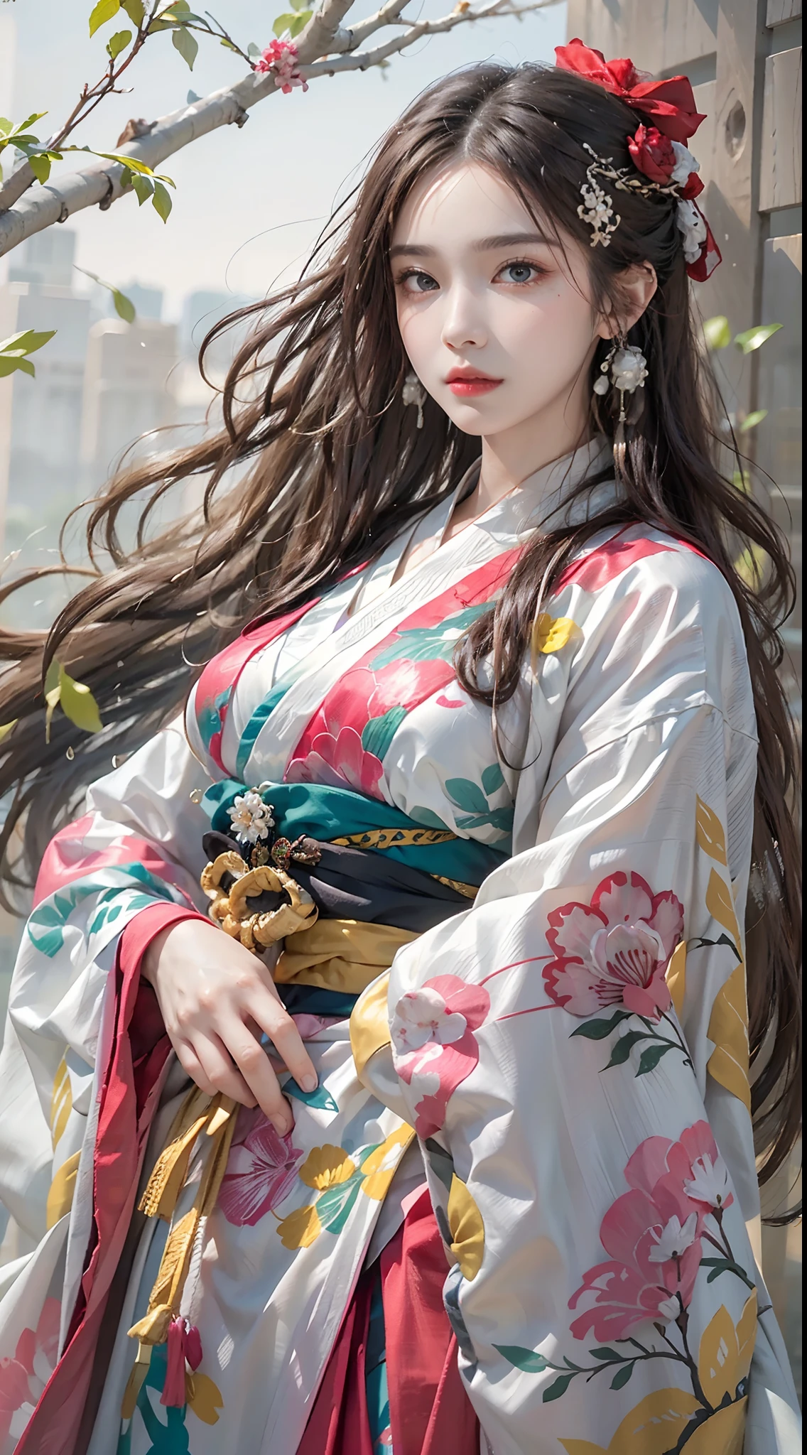 photorealistic, high resolution, colorful, color splash, splash, 1 girl, solo, hips up, beautiful eyes, long hair, medium breast, intricate brocade hanfu, gorgeous accessories, wearing pearl earrings