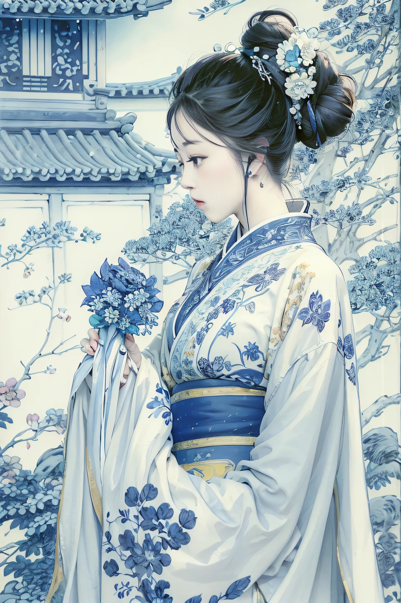 a drawing,Blue and white dress,Woman with flowers on hair,Blue and white porcelain style,hanfugirl,ancient china art style,Belle peinture de personnage,Chinese painting style,It has an ancient Chinese aesthetic,Chinese style,A beautiful artwork illustration,Traditional Chinese art,Oriental art style,Blue and white porcelain exhibition,Beautiful anime portrait character composition in the lower left corner,The upper right corner is decorated with a blue and white porcelain background,(Defocus,Out of focus,softlighting,电影灯光,Skylight,hyper HD)