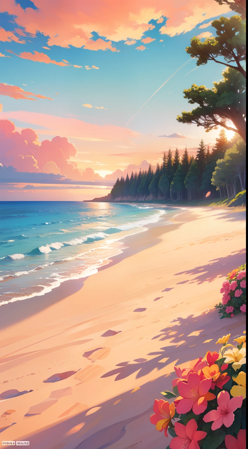 The sea , Beautiful sandy beach,There are shells on the beach,Pink sky,On the left is the land,Trees grow on the court,Bushes,Flowers,Bright plants,branches with different colors, Red, Orange,Yellow,Low grass,beautiody,wallpapers, High-quality background,8K,Drawing details