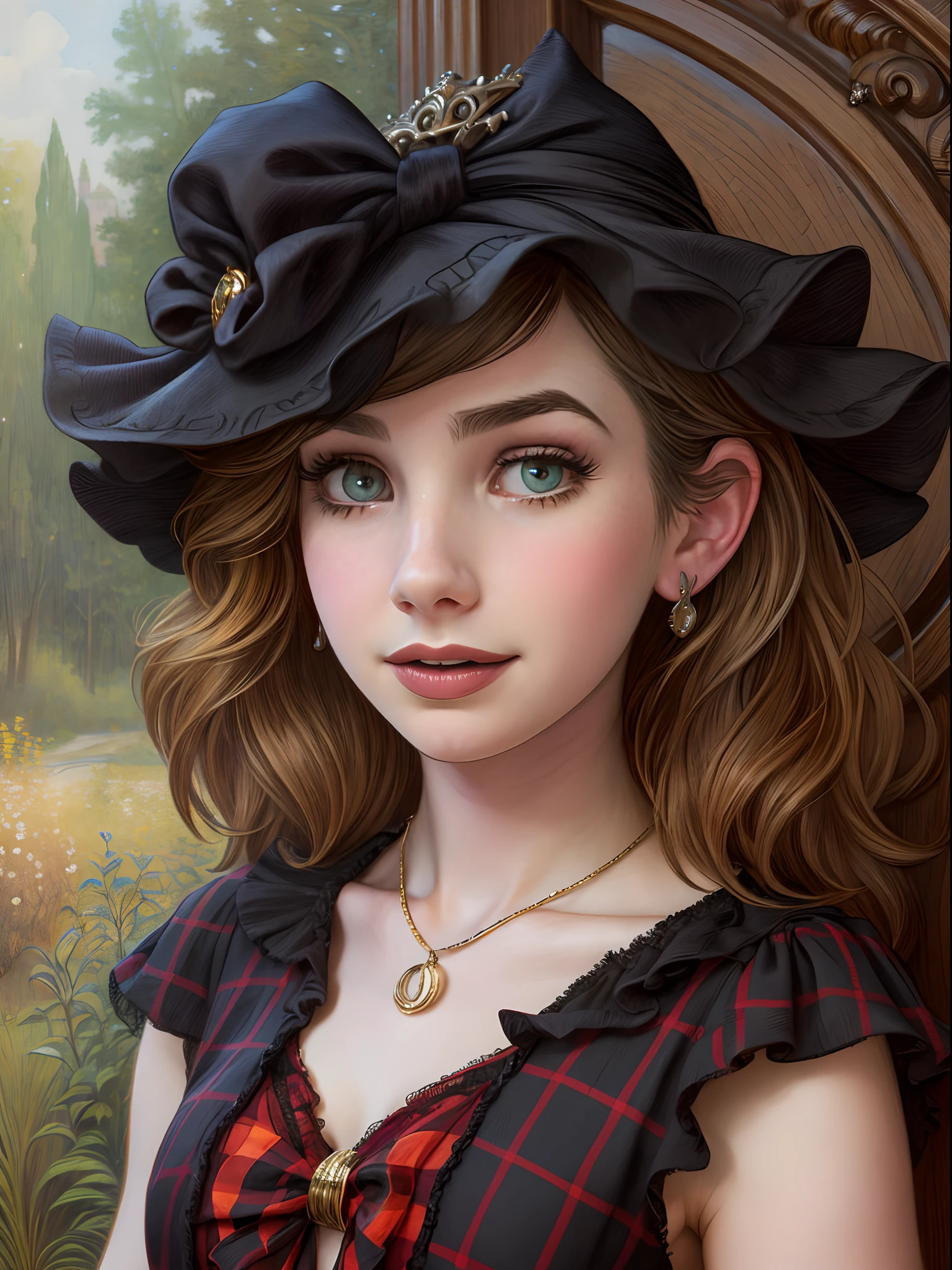 Cute little (Emma Roberts, Gothic makeover) with black hair in a plaid dress, Hyper-realistic, insanely detailed, Gaston Bussière's style --ar 3:4 --s 750