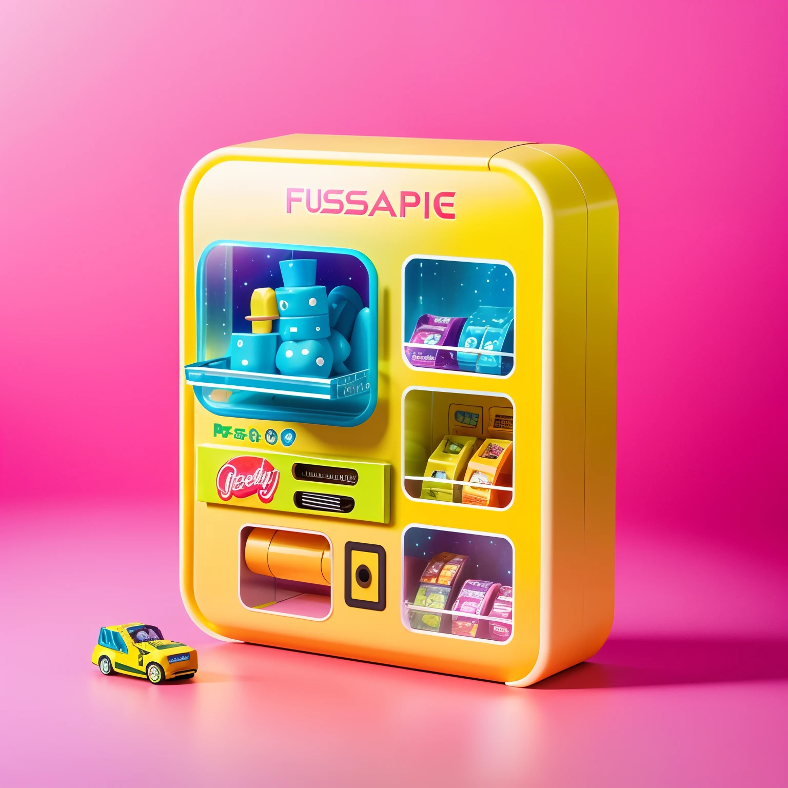Close-up of toy with display，The fuselage has elements of a toy，vending machines，sci-fi vending machine，3D product render，There can be some specific description scenes on the machine，por exemplo, Someone goes to the vending machine to buy toys，Or describe buying a toy，Some combinations of foil scene elements， Product rendering，Stylistic references attract attention，Bright，A representative element of sunshine fashion，There are reasonable ones on the fuselage, For example, Someone goes，Purchase toys, etc，The overall color is mainly yellow and blue，Color distribution is 50 each%,nail art，People who shop and so on，Wish there were more elements，A little diversified，Fewer colors