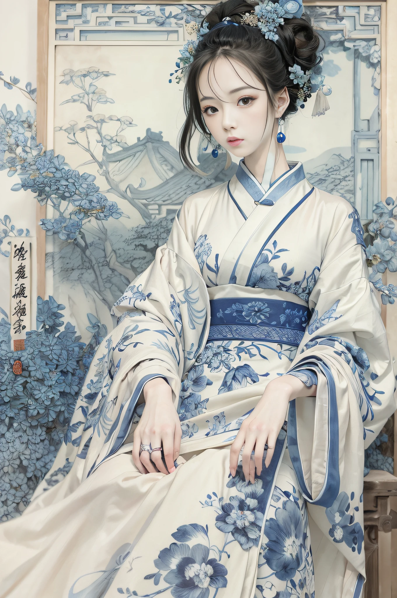 a drawing,Blue and white dress,Woman with flowers on hair,Blue and white porcelain style,hanfugirl,ancient china art style,Belle peinture de personnage,Chinese painting style,It has an ancient Chinese aesthetic,Chinese style,A beautiful artwork illustration,Traditional Chinese art,Oriental art style,Blue and white porcelain exhibition,Beautiful anime portrait character composition in the lower left corner,The upper right corner is decorated with a blue and white porcelain background,(Defocus,Out of focus,softlighting,电影灯光,Skylight,hyper HD)
