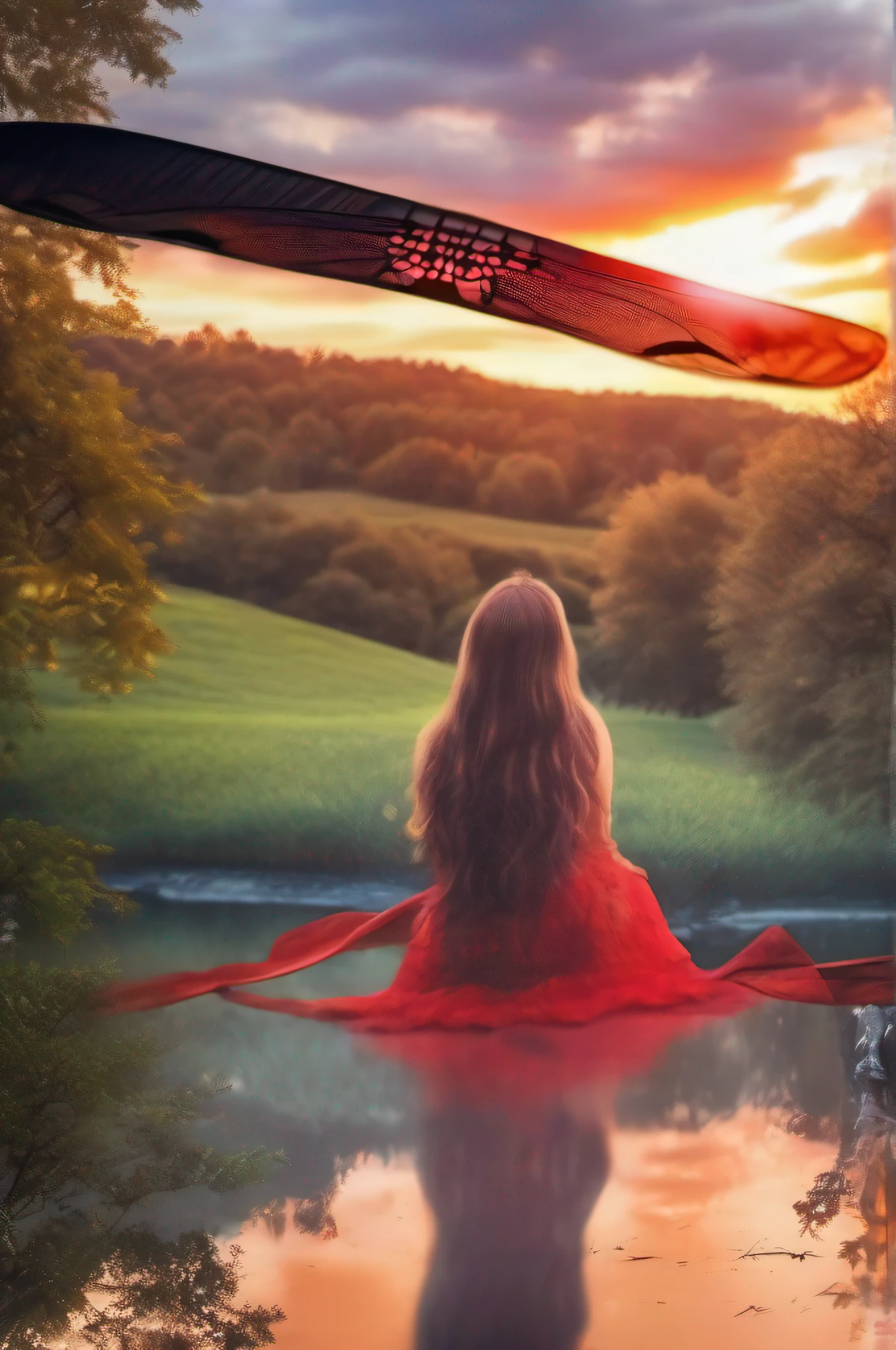 A red dragonfly is perched on the fingers of a beautiful girl、Beautiful countryside sunset,ufo