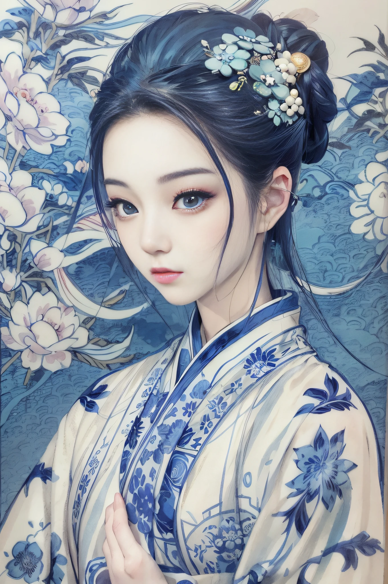 a drawing,Blue and white dress,Woman with flowers on hair,Blue and white porcelain style,hanfugirl,ancient china art style,Belle peinture de personnage,Chinese painting style,It has an ancient Chinese aesthetic,Chinese style,A beautiful artwork illustration,Traditional Chinese art,Oriental art style,Blue and white porcelain exhibition,Beautiful anime portrait character composition in the lower left corner,The upper right corner is decorated with a blue and white porcelain background,(Defocus,Out of focus,softlighting,电影灯光,Skylight,hyper HD)