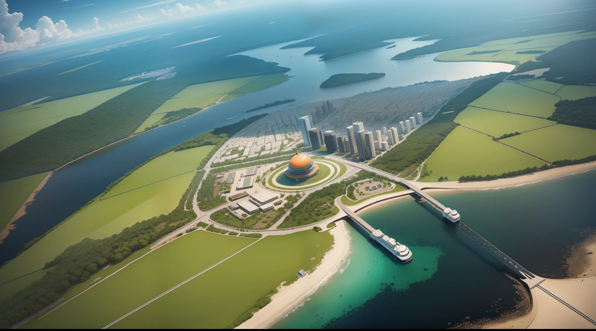 Genshin style aerial map,Tech City,Clear sky color, Crystal clear, Some orange plants and green trees, wide wide shot, Marvelous skyline, Many fast-flying cars, Giant planet background, Unreal Engine 5