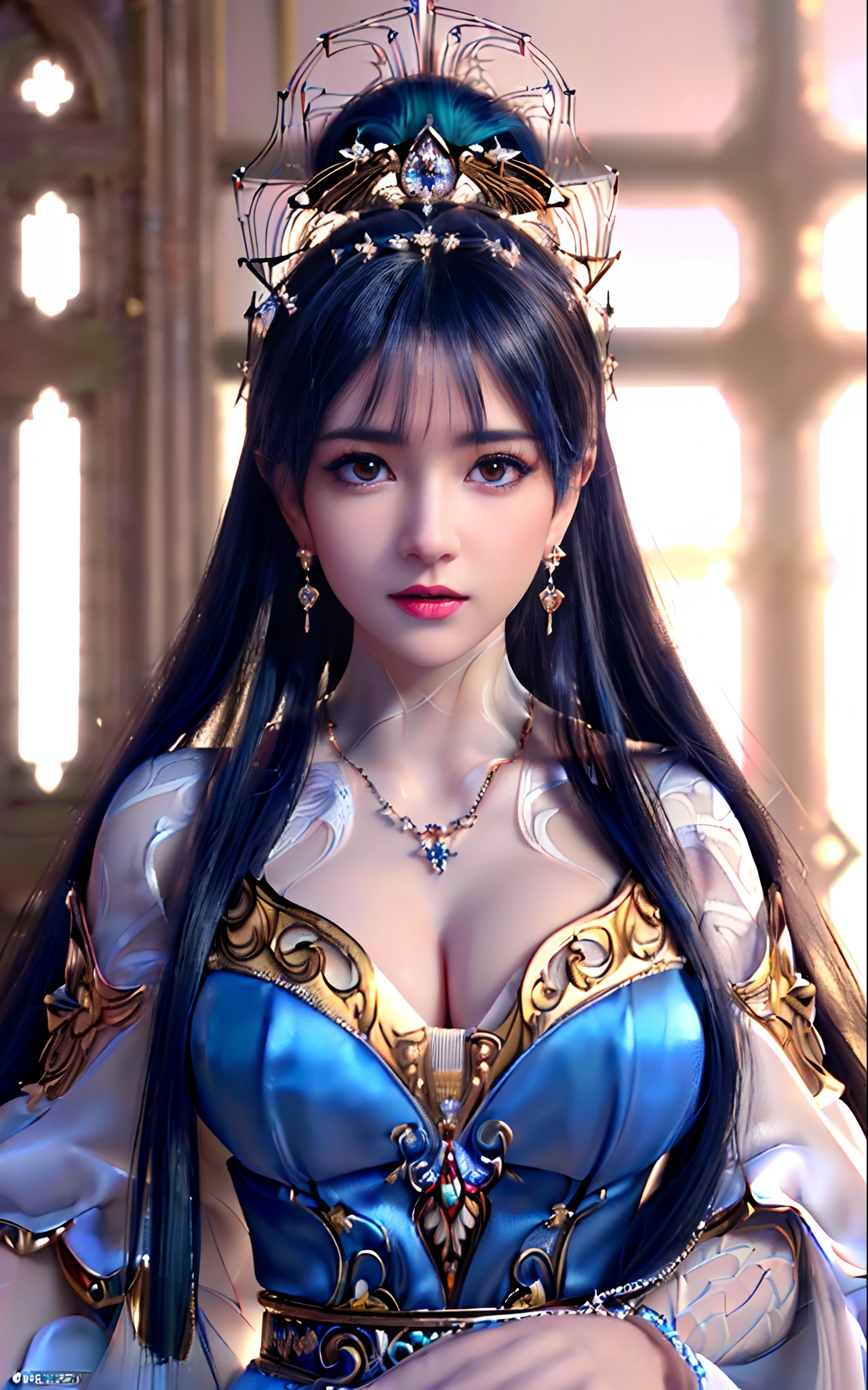 ((realisticity: 1.2)), ((realistic: 8K UHD)), ((best resolution: 8K UHD)), hyper detailed, best quality,masterpiece,highres,cg,
((1 hyper detailed and hyper realistic girl)), ((very beautiful queen dazzling, hyper realistic, and hyper detailed)),((white skin, beautiful, smooth, youthful, hyper realistic and hyper detailed
)), ((Hyper beautiful face, white, hyper realistic and hyper detailed)), long hair, ((hyper realistic and hyper detailed dress)), solo, ((hyper realistic, hyper beautiful, gorgeous and hyper detailed jewelry)), ((hyper beautiful, hyper realistic and hyper detailed dark red and golden yellow dress)),
((Hyper beautiful, hyper realistic, hyper detailed diamond filled earrings)),
((Hyper beautiful, hyper realistic and hyper detailed diamond filled hair ornament)), ((hyper beautiful upper body, hyper beautiful, hyper
realistic and hyper detailed)), ((big breasts: 2.5)),
((Hyper grand, hyper realistic and hyper detailed royal palace backgroun))
((Hyper beautiful, hyper beautiful, hyper realistic and hyper detailed hair bun)), ((hyper beautiful, hyper realistic and hyper detailed blue hair)),
candid, Photograph, high resolution, 8k,Bokeh,