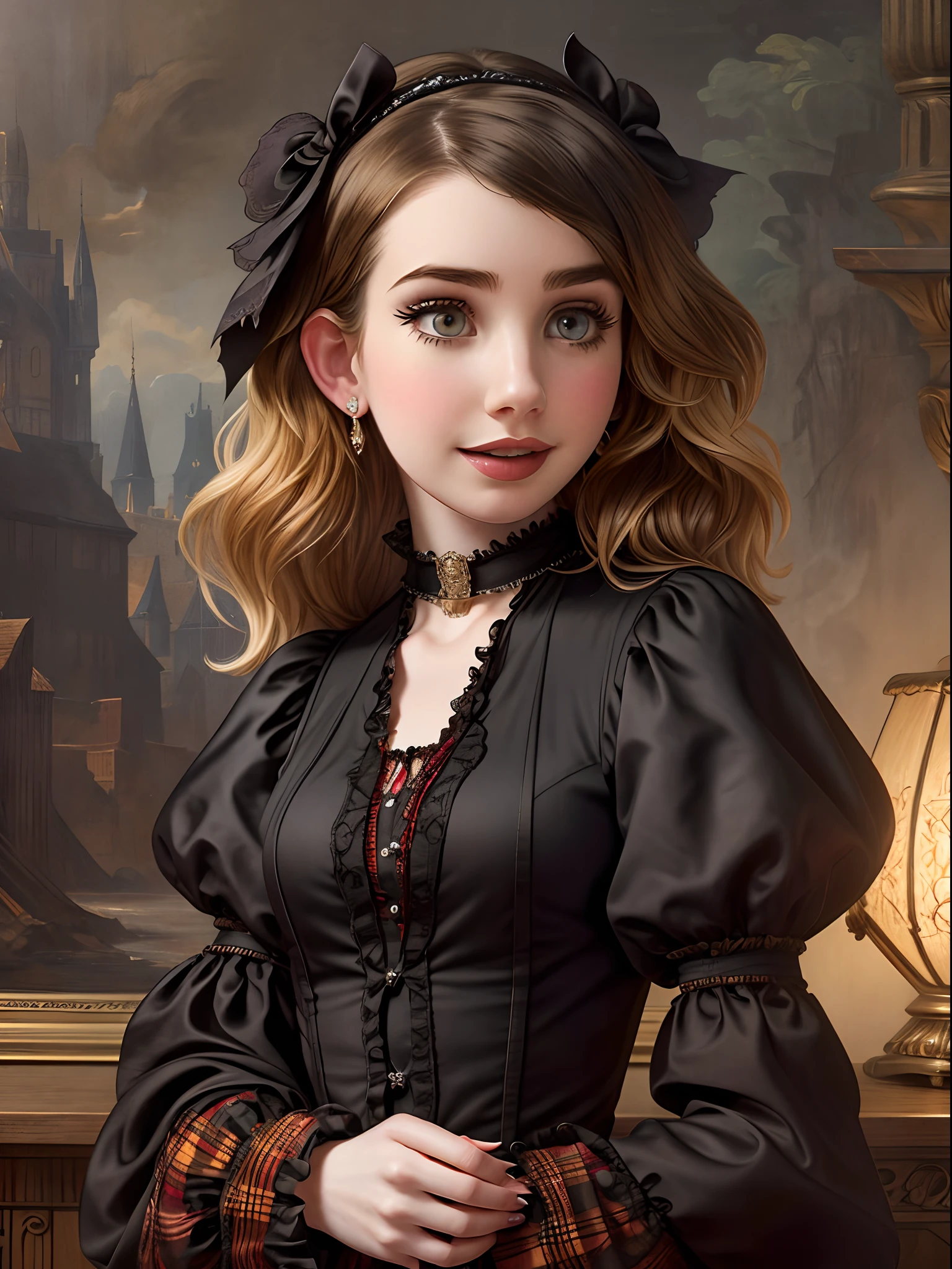 Cute little (Emma Roberts, Gothic makeover) with black hair in a plaid dress, Hyper-realistic, insanely detailed, Gaston Bussière's style --ar 3:4 --s 750