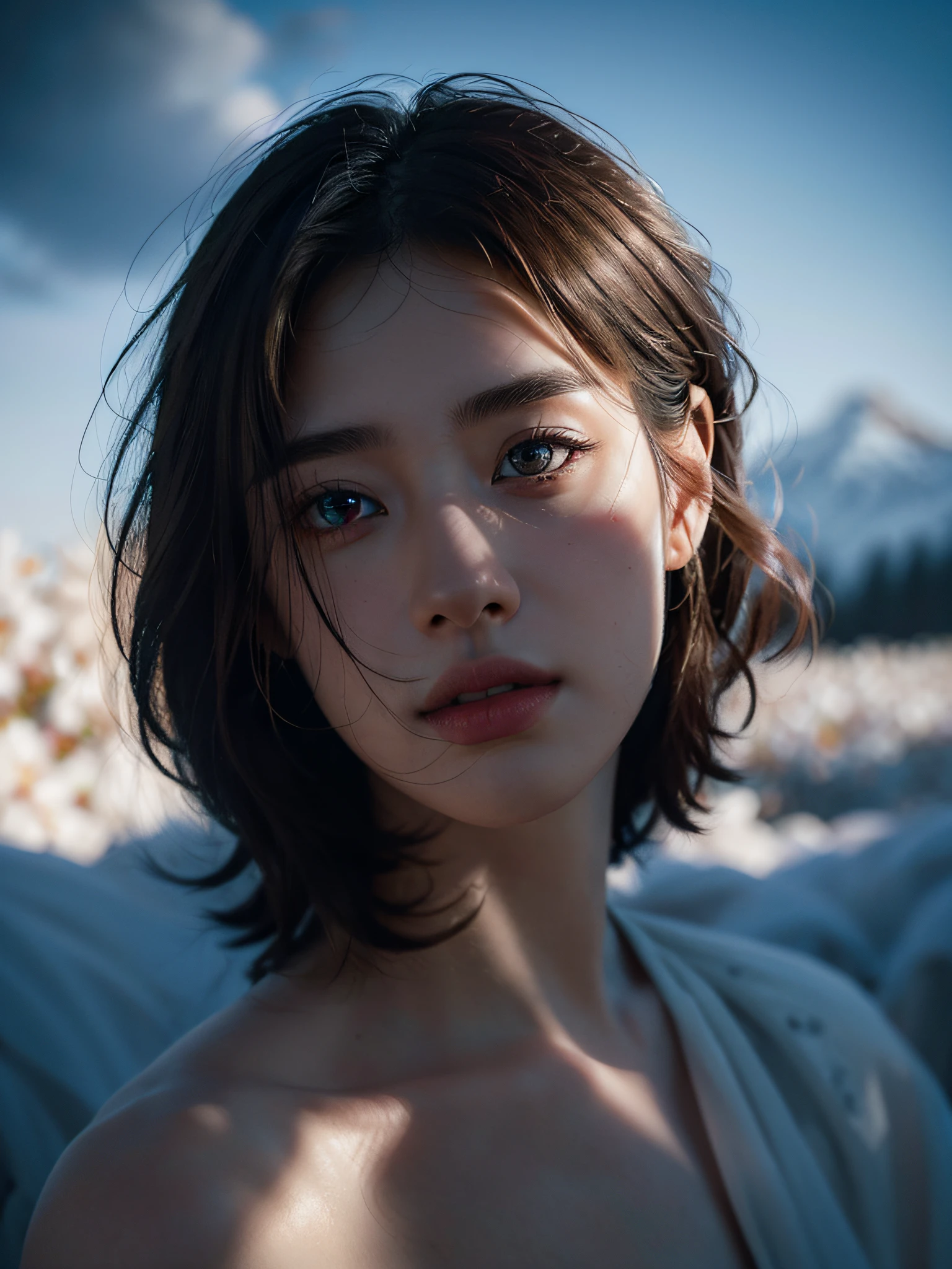 ((Pure beauty:0.8+ultra-realistic realism:1.2),White skin texture:1.2,eyes with brightness:1.1),lightand shade contrast:1.1,high textured:1.1,Picture quality:Ultra HD:1.3,The upper part of the body,tall nose bridge,dynamic angle,Clouds and mountains,Flower field in the foreground,Light tracing,realisticlying,offcial art,Unity 8k壁纸,ultra - detailed,Beautiful and beautiful,tmasterpiece,best qualityer,Glowing skin,cinmatic lighting。