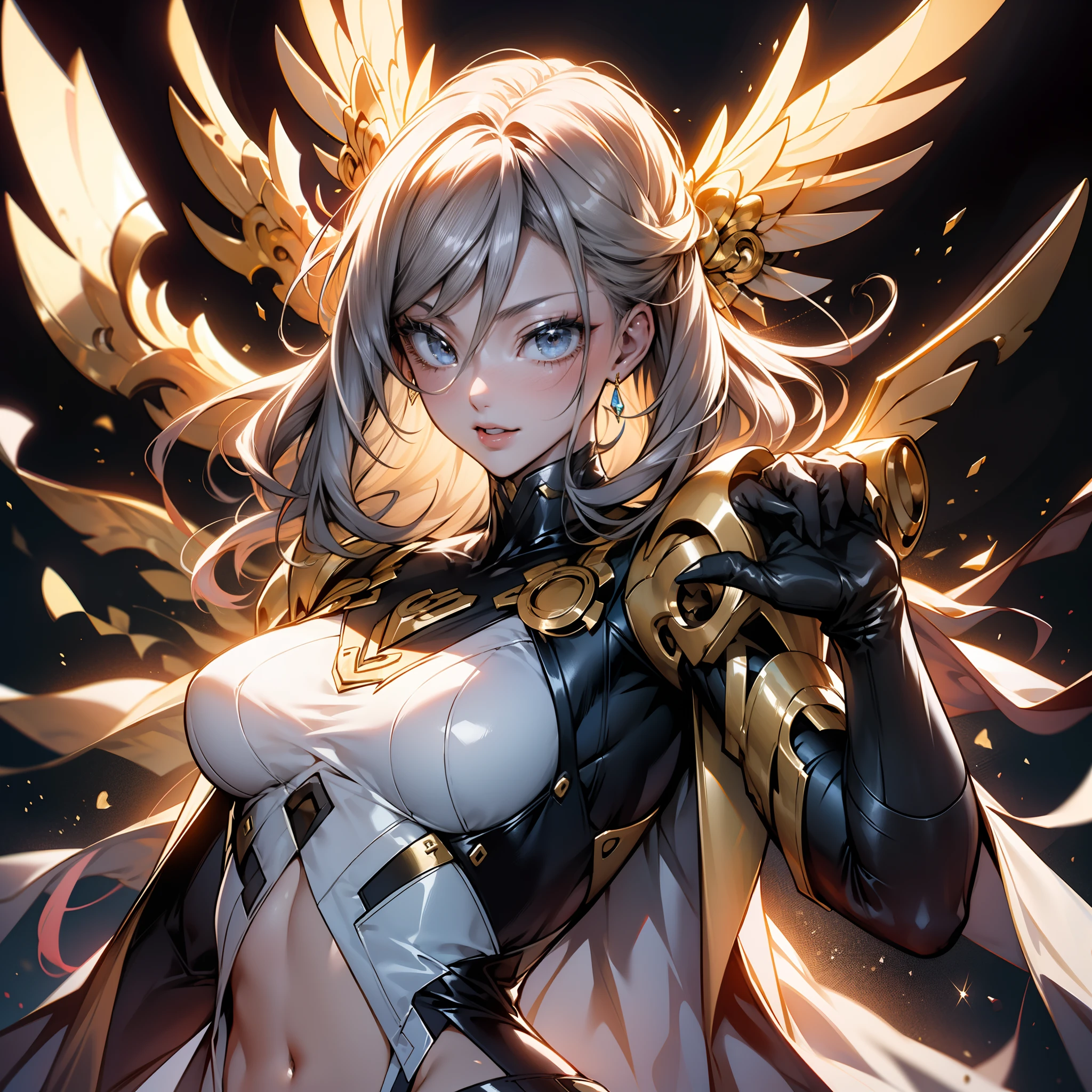 Cyber Angel,(1 girl:1.3),Solo,full bodyesbian,Medium breasts,Tall body,Mechanical wings,A suspended mechanical aura,navel,Crop tops,(Golden ratio:1.2),[(Black background:1.4)::10],(细腻细致), (Intricate details), (Cinematic light, 最优质的背光), 清晰的线条,