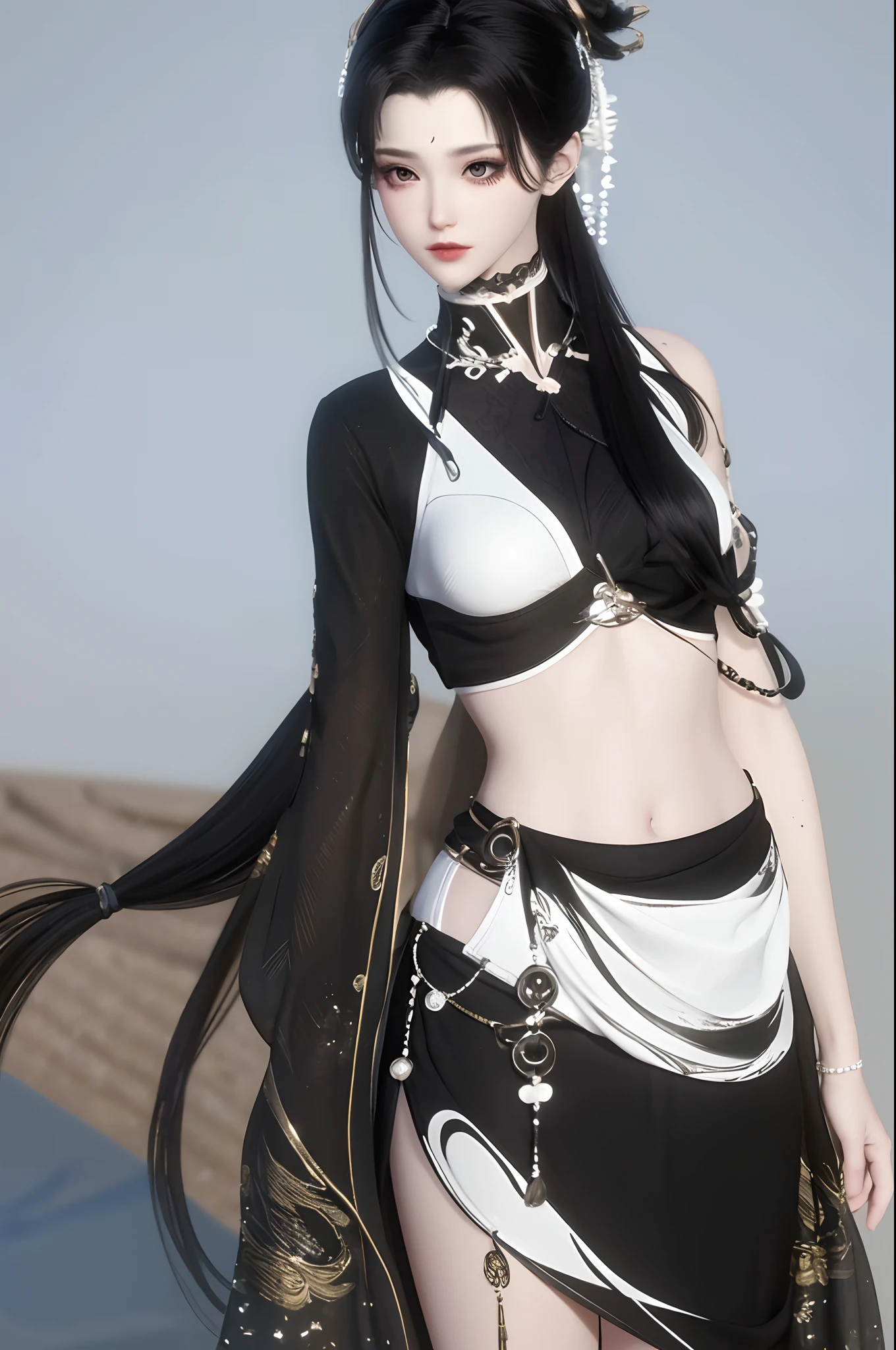 (best qualtiy,tmasterpiece:1.2),超高分辨率,realisticlying,Front lighting,Complicated details,Exquisitedetailsandtextures,(1girll),独奏,The upper part of the body,Black and white Hanfu,bamboo leaves pattern,Nice big eyes,Black and white dress,Bamboo leaf decoration,beauitful face,facing to audience,Streamers,gossamer,(年轻),Facial highlights,Detal Face,tear-mole,white skinned,Silvery hair,High ponytail,looking at viewert,largeeyes,Silk Hanfu,(Openwork pattern,Black and white silk),耳Nipple Ring,slimfigure,white backgrounid,correct hand,profesional lighting,photon maping,Radio City,physically-based renderingt