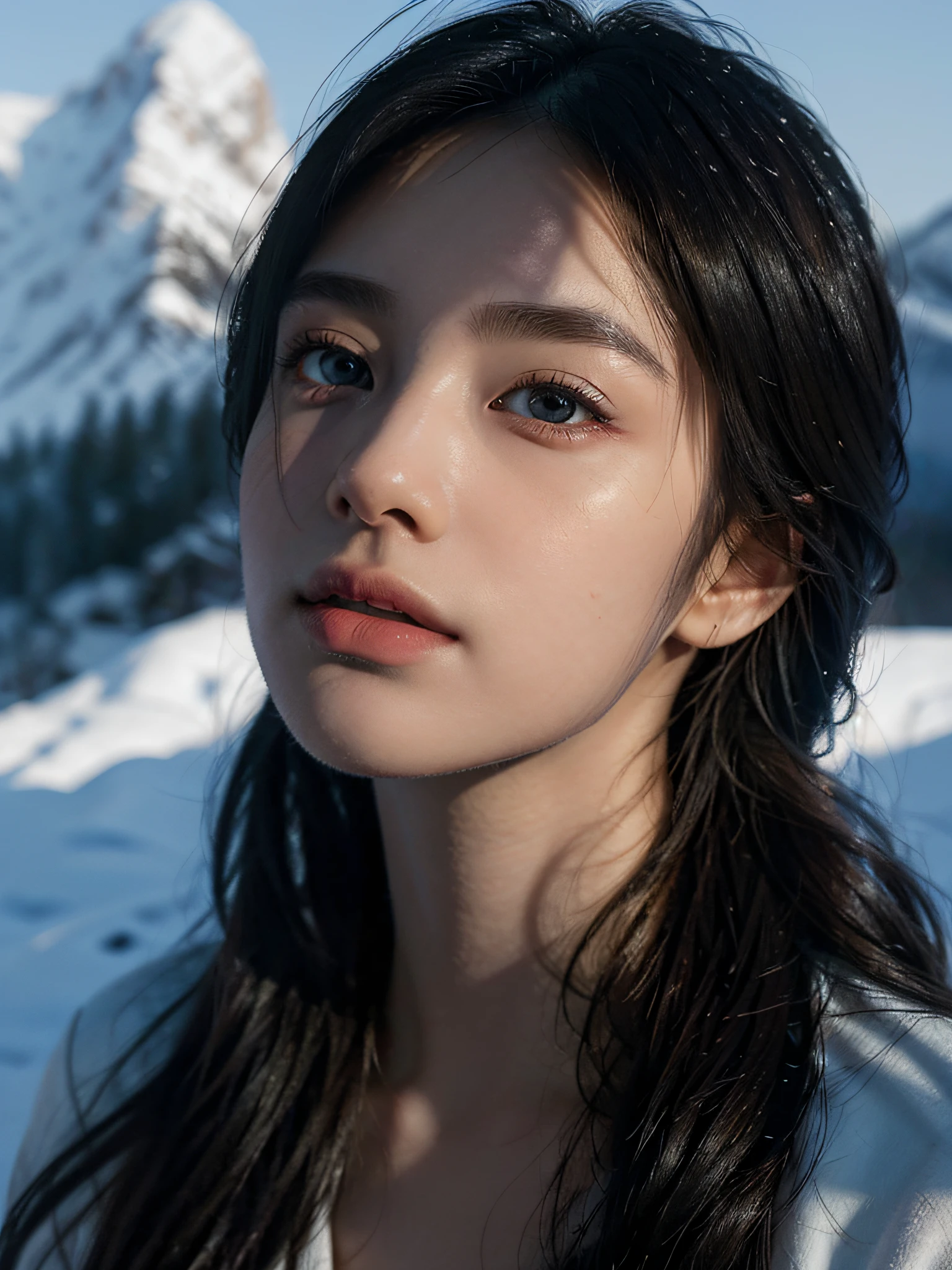 ((Pure beauty:0.8+ultra-realistic realism:1.2)，White skin texture:1.2，eyes with brightness:1.1)，lightand shade contrast:1.1，high textured:1.1，Picture quality:Ultra HD:1.3，The upper part of the body，tall nose bridge,dynamic angle，Clouds and mountains，Flower field in the foreground，Light tracing，realisticlying，offcial art，Unity 8k壁纸，ultra - detailed，Beautiful and beautiful，tmasterpiece，best qualityer，Glowing skin，cinmatic lighting。