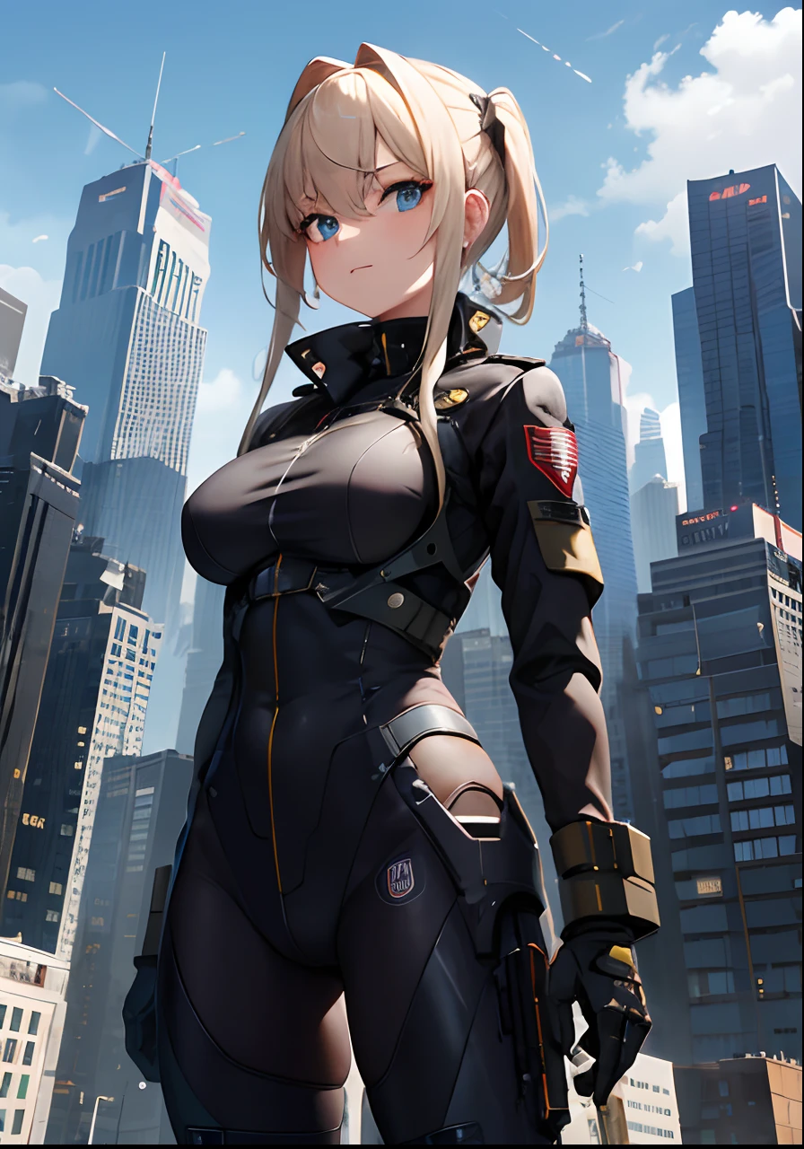 (Excelente, profissional, surreal), towering buildings rise from the ground to form a magnificent landscape of the futuristic city. Adolescente Usando uma arma, Usando roupas militar, Its arms are equipped with powerful energy weapons and are ready to meet the challenges of battle. vemos uma adolescente impressionante, destacando sua figura perfeita. Wearing miLitar clothes contrasts with the meta-like texture of the robot, showing a unique visual effect. The girl's firm and resolute eyes show that she is fearless (the girl is in good shape, usando roupas militares, mostrando o umbigo, seios enormes)