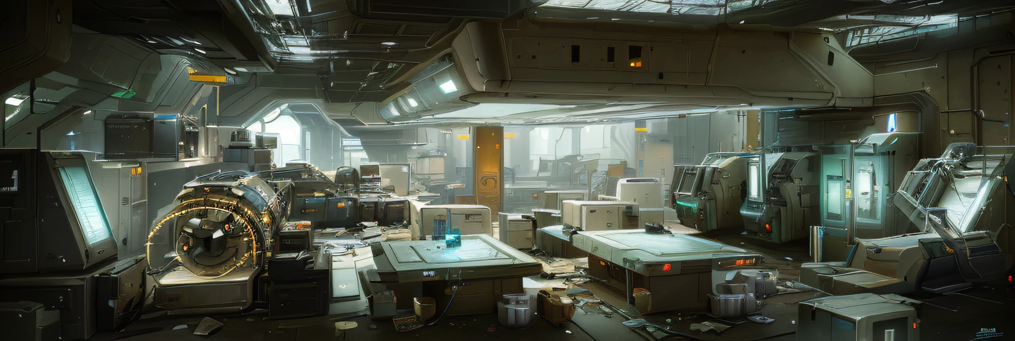 Abandoned biochemical laboratory,Chemical Laboratory,There was a room,There are a lot of machines and boxes inside, star citizen concept art, star citizen digital art, concept art-h 640, futuristic laboratory, mass effect concept art, Futuristic production facility, resident evil virus concept art, hard surface concept art, inside a futuristic army base, stunning sci-fi concept art, High quality digital concept art