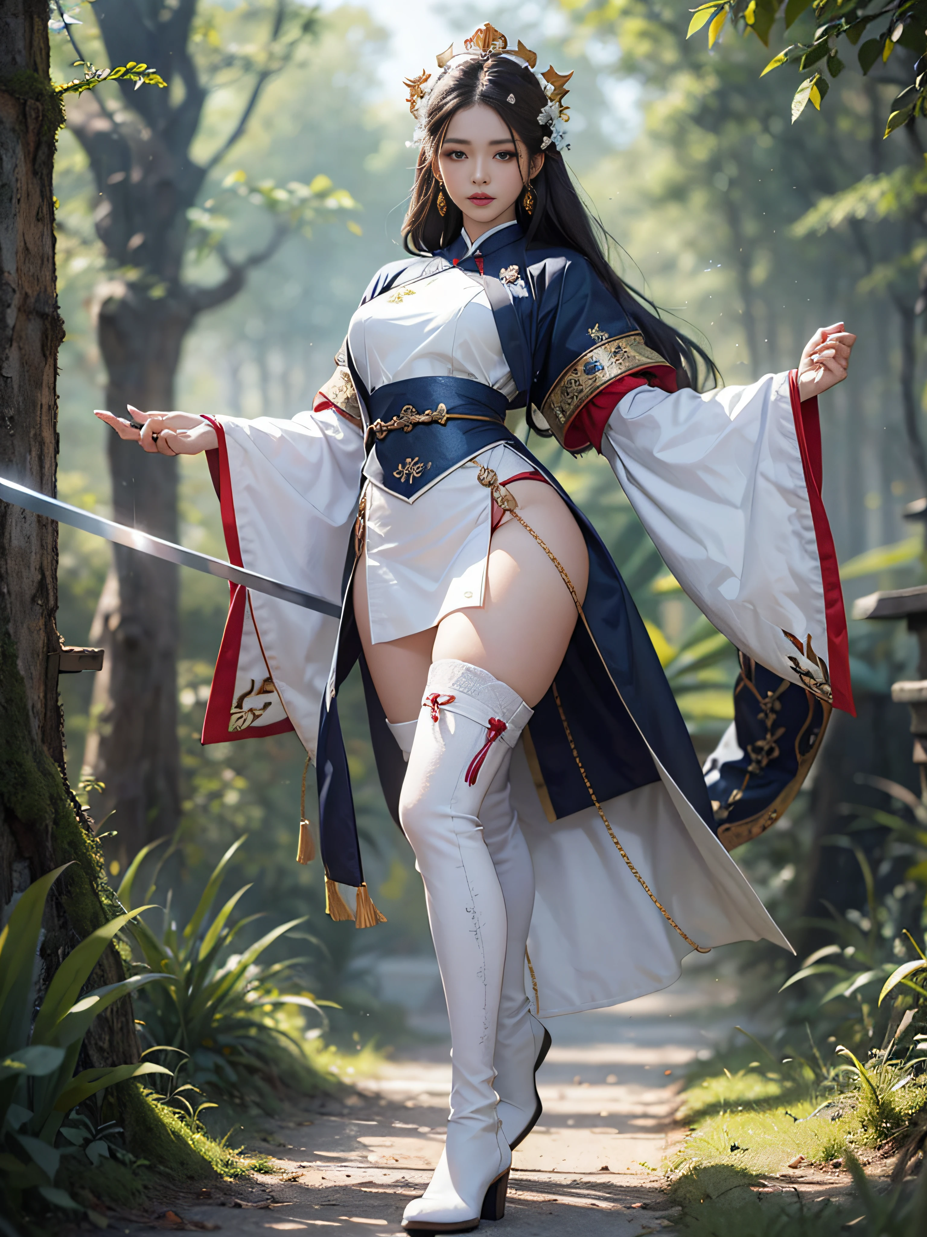 Royal sister，swordsmen，Big sister type，Oriental women，gallant woman，Cold sass，,tmasterpiece,A high resolution,,Absolutely beautiful,，（Wide buttock：1.4），（Thick legs：1.4），are standing，exquisitedetails,A high resolution,Wallpapers,1female,独奏,，enchanted、Raised sexy， Rich expressions， trinkets，Uniform uniform，Tight pure white Hanfu,,校服，Short sleeves tight white trousers，Wearing white boots，embroidery, natural poses,standing on your feet， Fanning，16K，HDR，A high resolution，depth of fields，Bocoon，prime time，Vignette，rainbowing