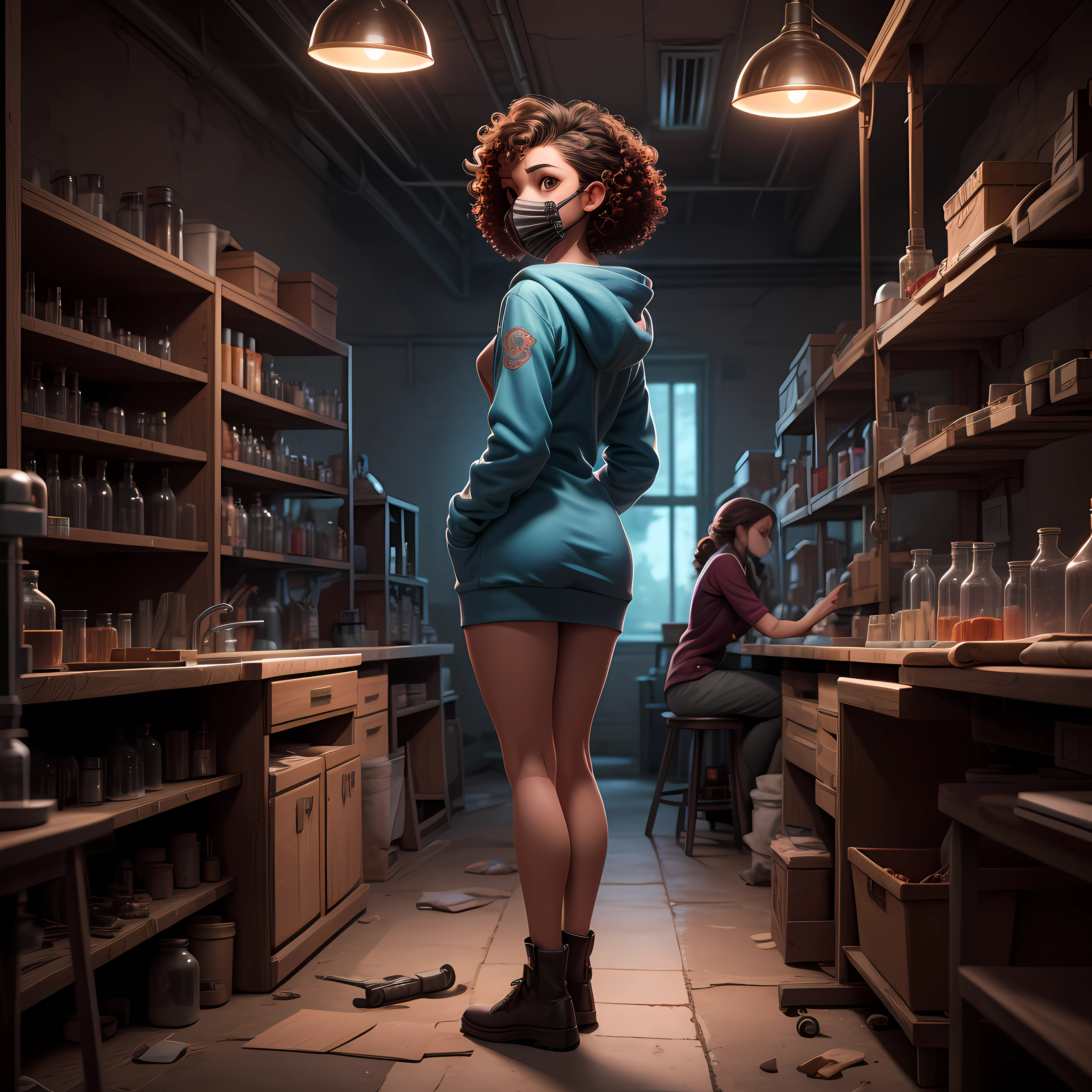 skeletal girl body, a world of people made of overgrown biographic science lab, plants fragments, girl wearing a open hoodie, skeletal body, anatomy full body, girl wearing a biographic gas mask, curly hair, one braids hair, long hair, high detailed, tattoo design, in a old biographic lab, biophilic design, 8k, 16k, mechanic girl, illustrate, biology, science, bio tech, full body, fantasy, 8k, RAW photo, best quality, masterpiece, high detail RAW color photo, dramatic lighting, cinematic lighting, back light, professional lighting, detailed face, 16k