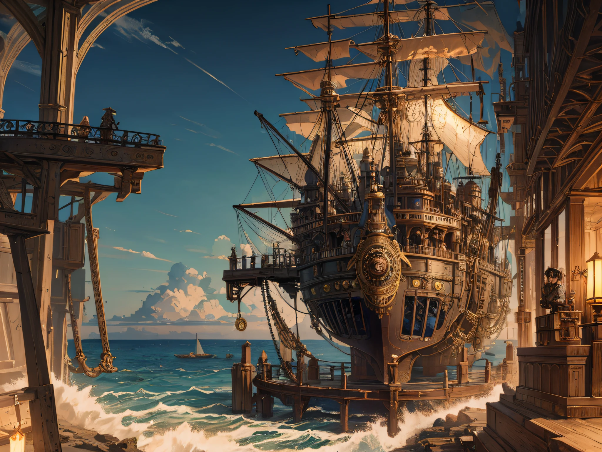(best quality, masterpiece), (steampunk, ocean, vessel)