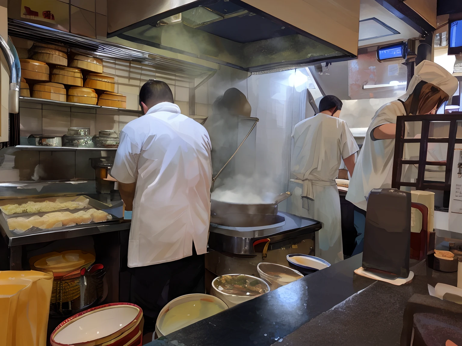 Chef in the kitchen preparing food in a large pot, Steaming food on the stove, Busy restaurant, closeup at the food, Chinese, sichuan, 4 0 9 6, beijing, hua cheng, cuite, shan shui, Nostalgic atmosphere, su fu, mouthwatering, trending ,, steamed bun, Churning, daoshu, in style of pan ren wei, In Hong Kong