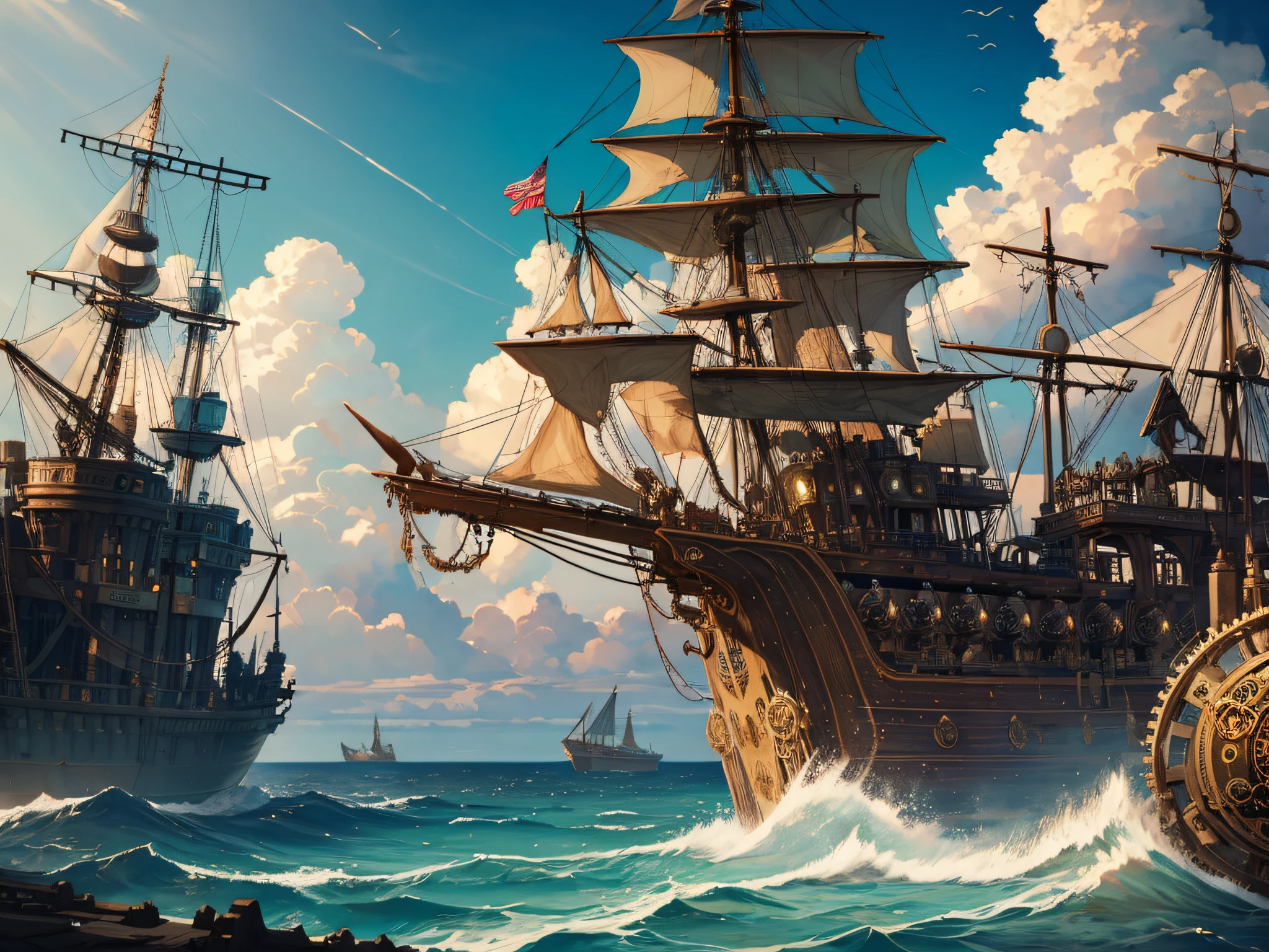 (best quality, masterpiece), (steampunk, ocean, vessel)