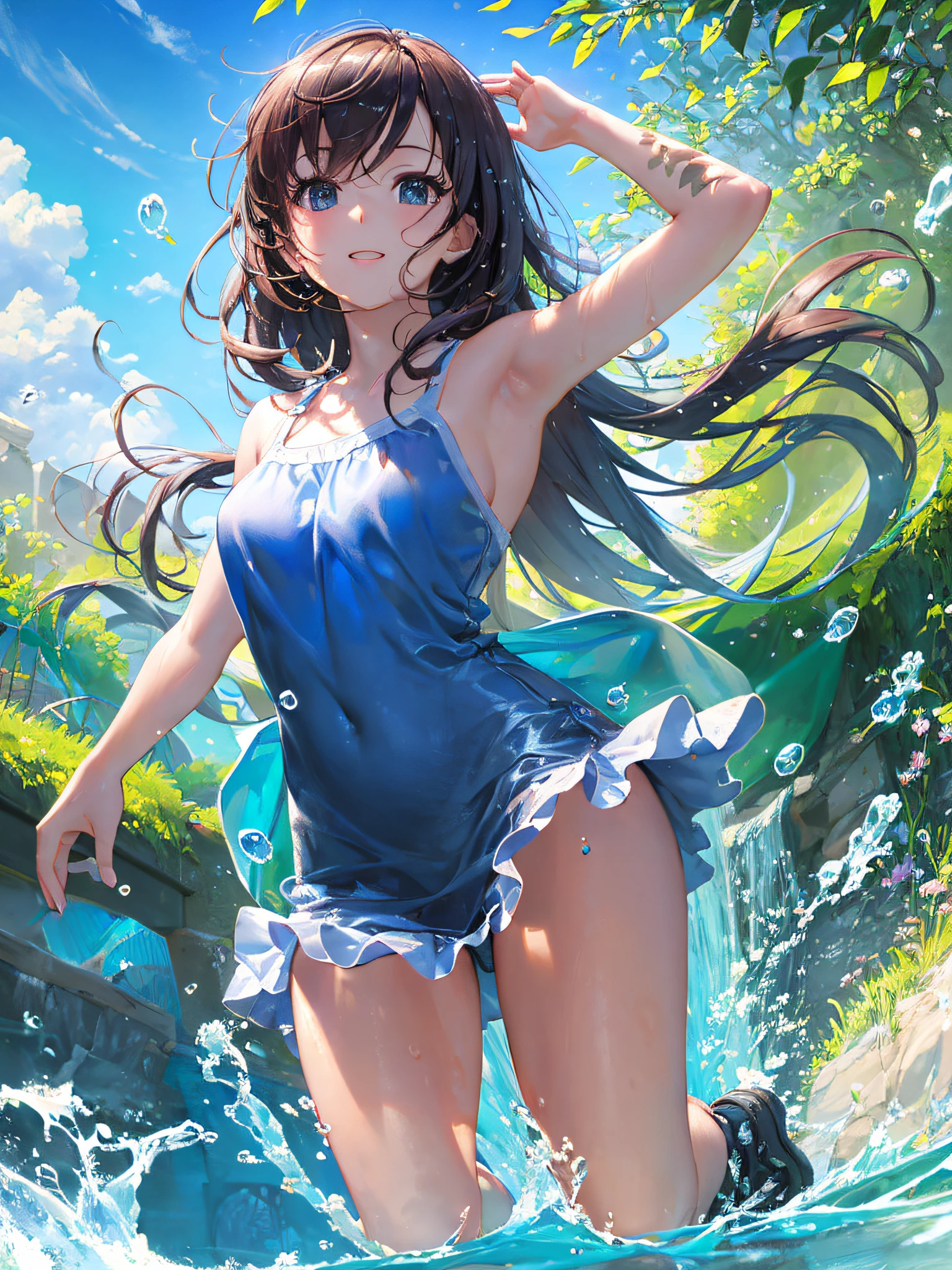 (Best quality), (masterpiece:1.3), (photorealistic:1.36), (realistic), ultra-detailed,, detail background, In the summer sunshine、Draw a and a beautiful woman happily playing in the pool。Describe jumping into the water。It would be nice if the waterfall was depicted。