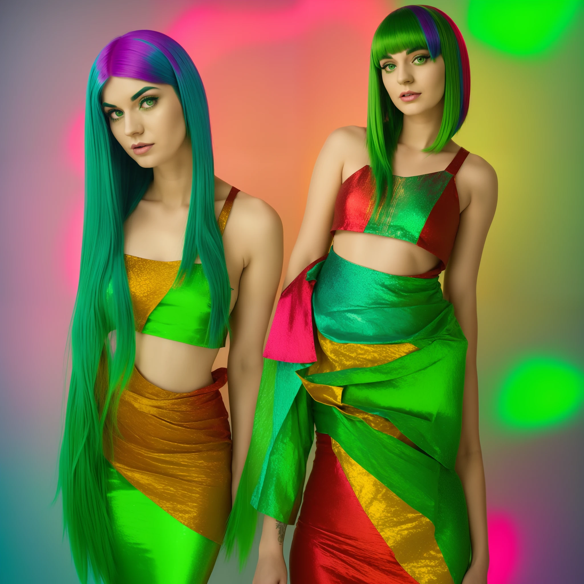 arafed woman with green hair and a red dress standing, full body, green hair, bright green hair, bob cut green hair, bob cut green hair, she has bob cut green hair, fairycore, green glowing hair, she looks like a mix of grimes, soft skin and bob cut fiery hair, lily frank