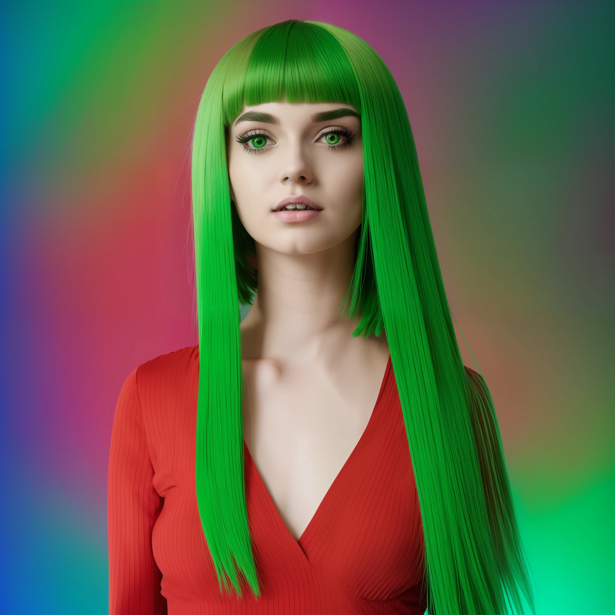arafed woman with green hair and a red dress standing, full body, green hair, bright green hair, bob cut green hair, bob cut green hair, she has bob cut green hair, fairycore, green glowing hair, she looks like a mix of grimes, soft skin and bob cut fiery hair, lily frank