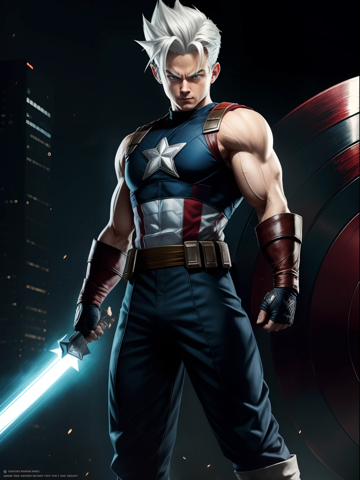 A gohan as a captain America, silver hair, cinematic, extreem realistic, extreem detailed, extreem Sharp, full body shot
