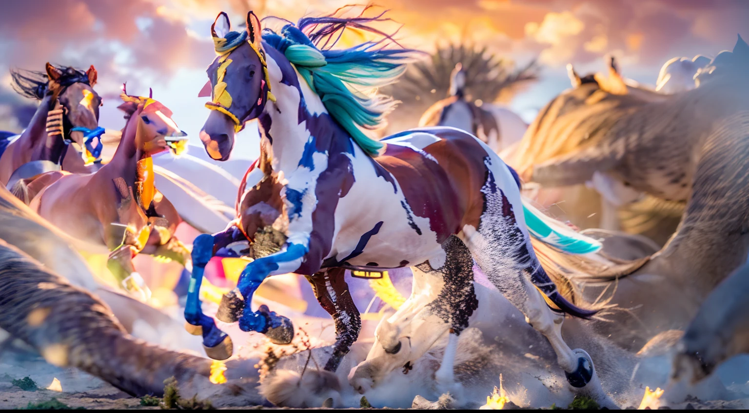 8 horses，Ultra-grand scenes，super wide shot，1#cavalos，2#cavalos，3#cavalos，4#cavalos，5#cavalos，6#cavalos，7#cavalos，8#cavalos。Extremely special and rare eight horses surround each other，Gallop across the steppe like a clock。The vast plains of the epic scene are rich in aquatic plants，In the distance is the snow-capped summit of Mount Everest，Snow creek flows into the sea，At the other end is the magnificent giant city，The horse team entered and exited from the city gate。
The Lightcast Pegasus from the Supreme Heaven has a rainbow aperture from the Supreme Heaven，She rides between light and pure，No additional ornaments are needed to highlight her dignity and holiness，Even the sky showed her a clear sky，She has a deep enmity with the nightmare heavy ride from hell，The two never put their heads next to each other，Surrounded by sulphurous flames, the Hellmare Heavy Ride makes every time a horse's hooves fall, stepping flat grass out of the lava from the ground，The sky in the steppe is brighter，It makes the earth deeper。
The wind wings of the wind elf horse let its position be erratic，She always couldn't help but tease the mechanical horse with a cyan aperture，The mechanical horse is full of mecha beauty，The shoulder back position always reveals delicate mechanical fittings，Four kicks with a hydraulic pump and electromagnetic ejection device。
Unicorns want to steal all horses from their pure and flawless beauty，But on the side, the fairy dragon horse is comparing with it，Their unique elven-patterned armor and colorful saddles make them the most stylish horses。
The female knight is charging on her knightly warhorse，Her lofty ideals made her will unstoppable，There is no doubt that she is the protagonist of this picture。There is also a horse from unknown territory mixed in，It has a weird style and chaotic colors that are almost unimaginable，This gives the whole picture an extremely dangerous uncertainty，The slightest mistake can disrupt the whole picture。
Use the Latent couple