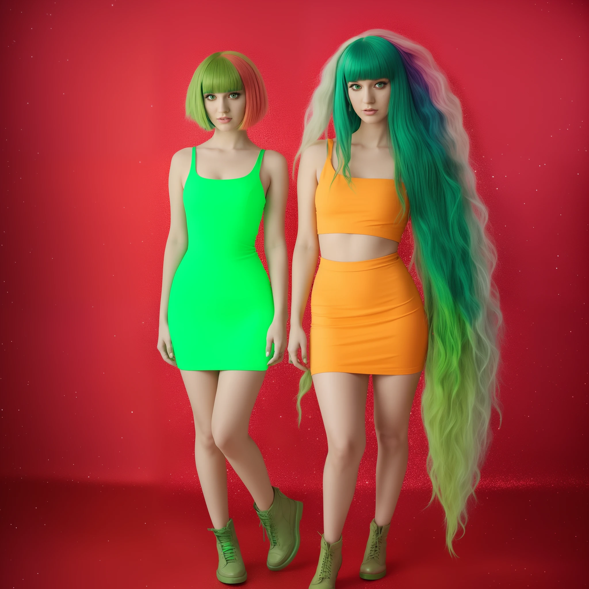 arafed woman with green hair and a red dress standing, full body, green hair, bright green hair, bob cut green hair, bob cut green hair, she has bob cut green hair, fairycore, green glowing hair, she looks like a mix of grimes, soft skin and bob cut fiery hair, lily frank