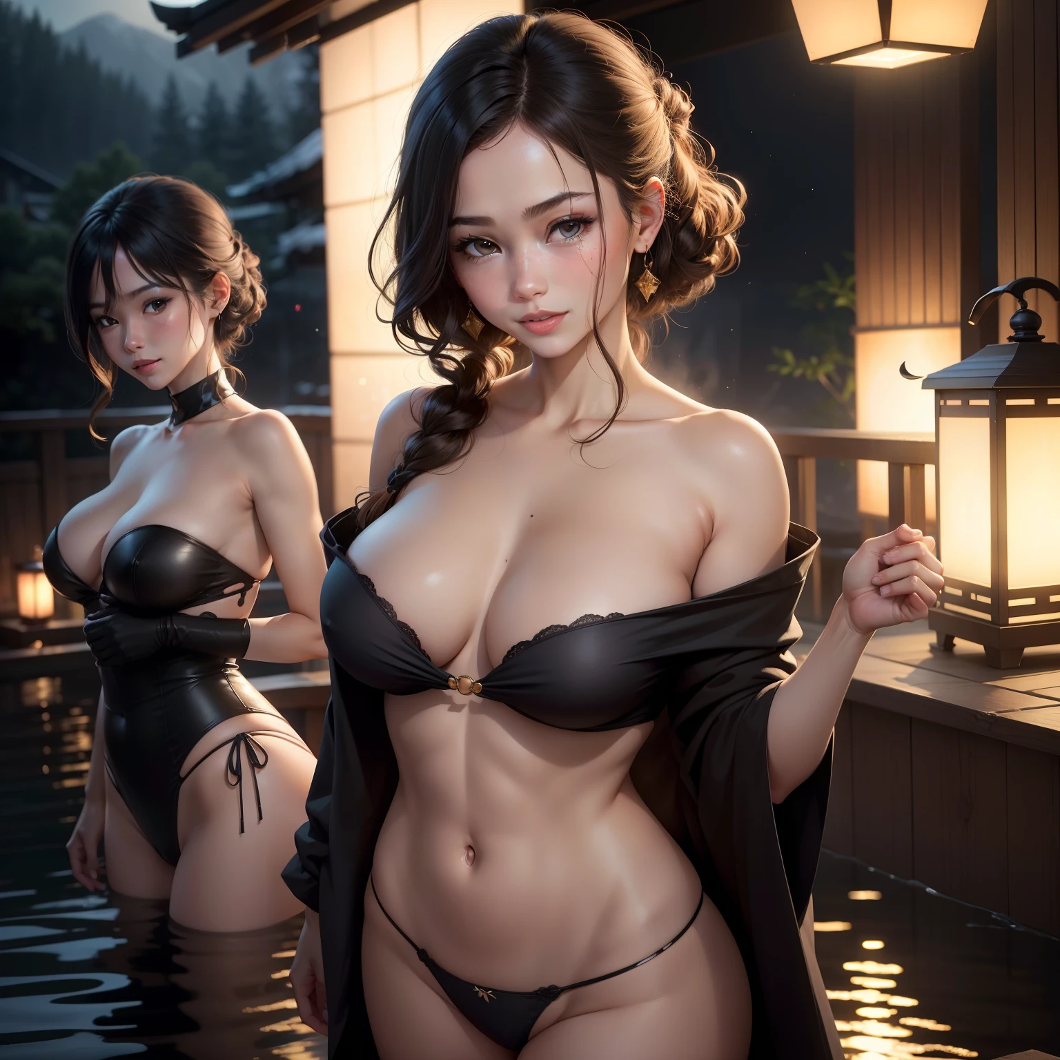 (Skin blemishes:1.2), (Skindentation), Black eye, 1womanl, 18year old, ((femele))), 独奏, realisitic, top-quality, Photorealsitic, ​masterpiece, 8K, hight resolution, 独奏, extra detailed face, (profetional lighting、bokeh dof), (light particules、lensflare、Luminous particles:0.6), (dynamicposes:1.2), Soft lighting, Top Angle View, Fashionable and trendy atmosphere, ((during daytime)), Skysky, ((Look at viewers:1)), (looking in camera),(portlate:0.6),  a gorgeous, is standing, Keep the original facial proportions, broad shoulder, full bodyesbian, (tiny chest), (middle hair), brown haired, Floating hair, s lips, lipsticks, seducting smile, Floating hair, a smile, open_mouth, tusk, Beautuful Women、Detailed body of big breasts、sexy facial expression、Black underwear、Onsen at night、Pinching、Masturbation、toppless、fullnude