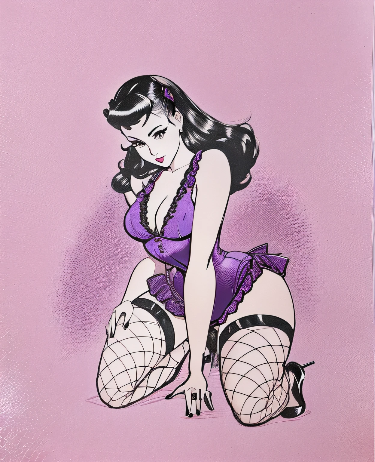Two-dimensional,Image of Alafid kneeling on the ground with a woman in a purple dress, pinup, pinup pose, Manhwa Style, pinup art, pinup girl, girl pinup, pin up girl, pinup body, pin up, pin up style poster, pinup model, pin - up girl, pin-up poster girl, pin-up, Pins