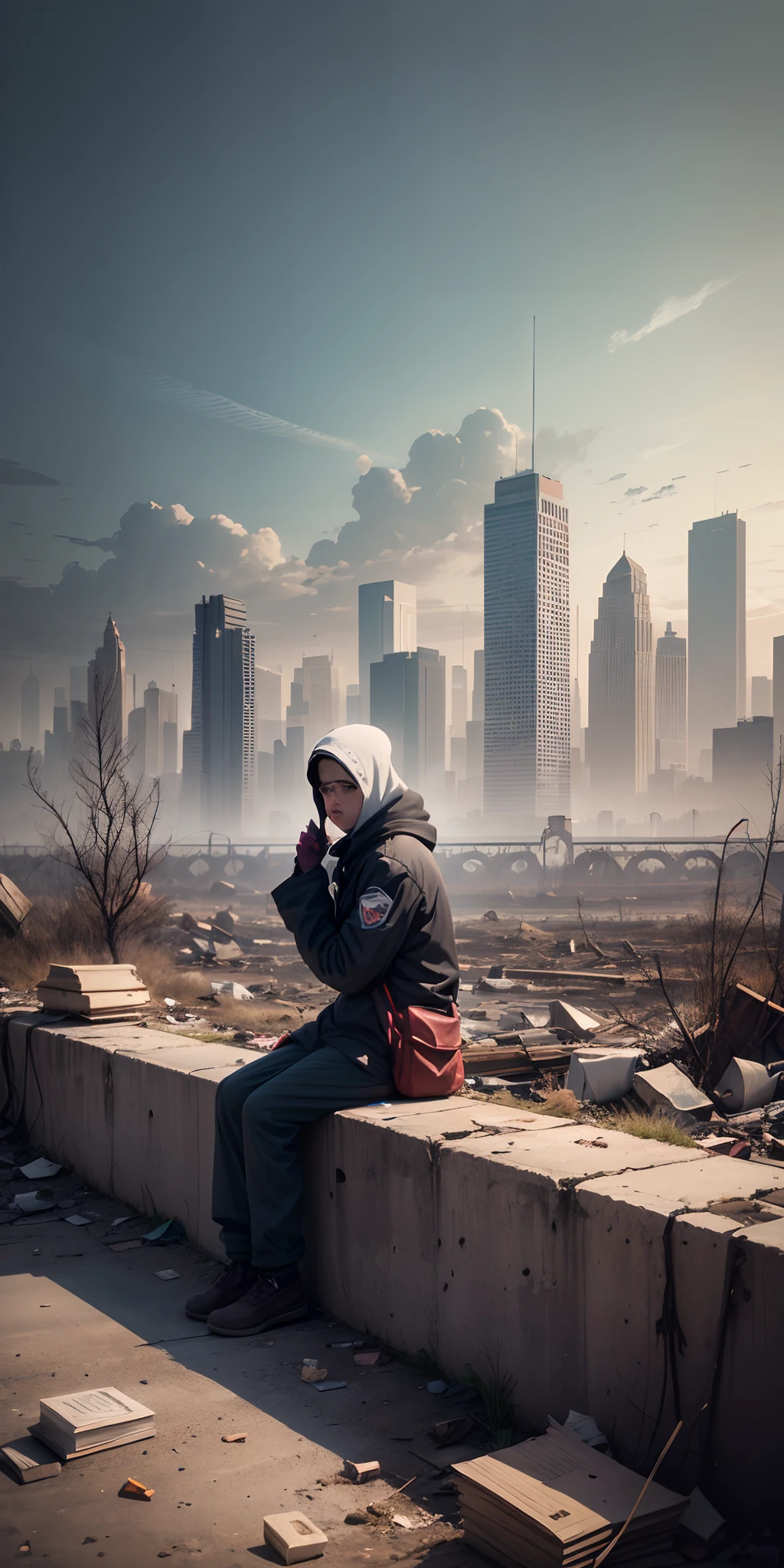 In the wake of the apocalypse, the cityscape stretches out like a haunting tableau of human ambition turned to ruins. The once-bustling metropolis now lies in stark desolation, a testament to the fragility of civilization. Every corner of the scene carries the weight of abandonment and decay.

Crumbling skyscrapers, their windows shattered and frames exposed, lean precariously as if frozen mid-collapse. The towering structures, once symbols of economic prowess, now stand as solemn sentinels of a bygone era. Withered vines creep up the sides, enveloping the steel and concrete in a verdant embrace. Broken glass litters the streets like forgotten gems, reflecting the pale sunlight that manages to pierce through the heavy clouds.

Streets that once hummed with the rhythm of life are now choked with debris and nature's reclamation. Nature has proven its resilience, as trees sprout from ruptured asphalt and wildflowers flourish in the most unlikely corners. Abandoned vehicles, their tires deflated and bodies rusted, are scattered like discarded toys, reminders of a frantic escape.

The sky overhead is a tapestry of muted hues, blending ashen grays with melancholic blues. The sun is but a memory, veiled by the ever-present shroud of dust and smog. The city's altered skyline, both haunting and awe-inspiring, stands as a testament to the indomitable spirit of life amidst catastrophe.

Amidst this post-apocalyptic symphony, a solitary figure stands on the precipice of a collapsed bridge, surveying the altered landscape with a mix of wonder and sorrow. Their tattered clothes billow slightly in the faint breeze, and their eyes hold the stories of survival and loss that now define this new world. :: charcoal style::1.7 moonlight::1 wide angle lens::1.7 magenta::1 carbon fiber::1 defocus::-0.5 --auto --s2