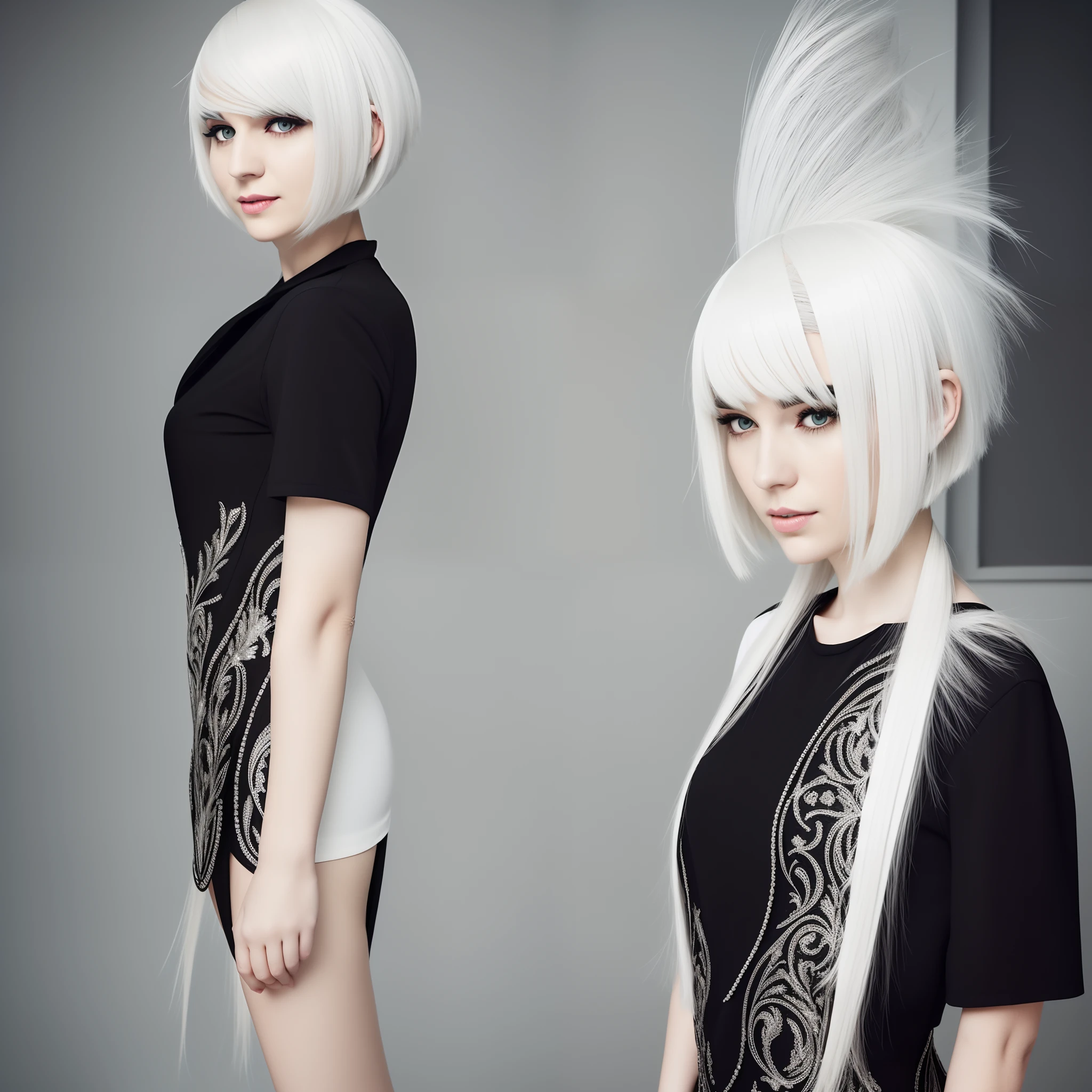 arafed woman with white hair and a black dress standing, full body, white hair, bright white hair, bob cut white hair, bob cut white hair, she has bob cut white hair, fairycore, white glowing hair, she looks like a mix of grimes, white skin and bob cut fiery hair, lily frank