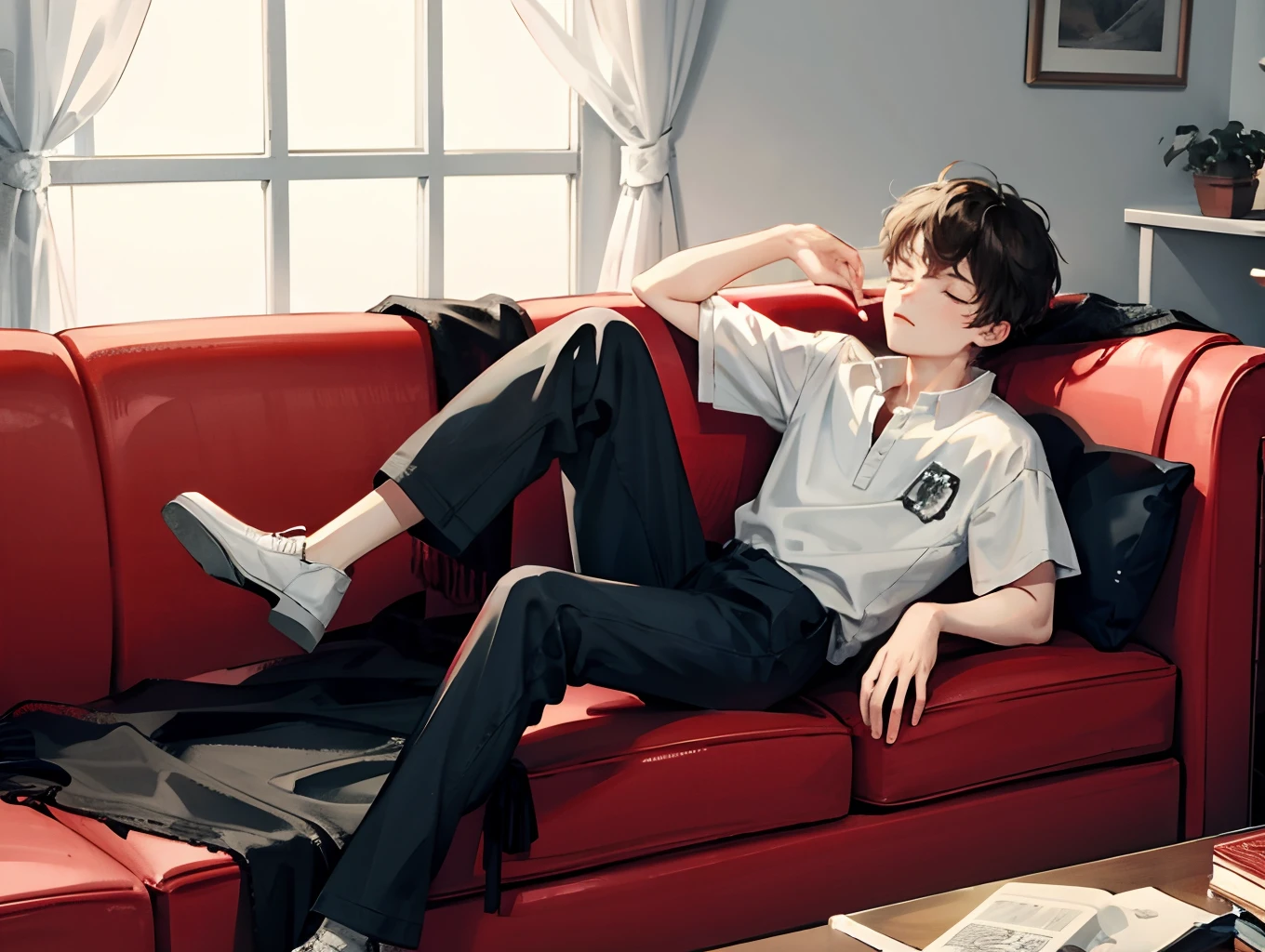 A young European boy leans back on a black sofa,With his eyes closed,