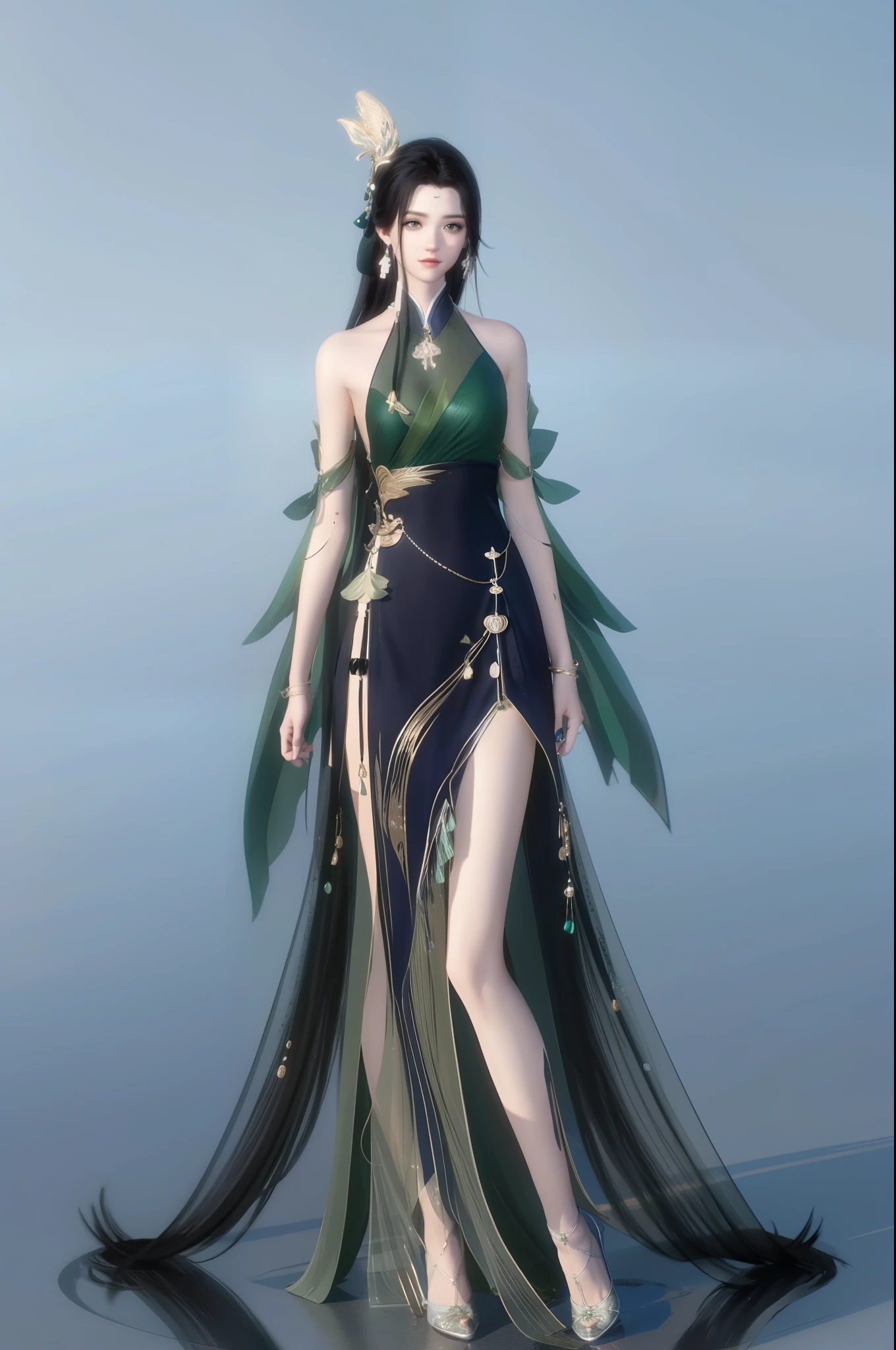 (best qualtiy,tmasterpiece:1.2),超高分辨率,realisticlying,Front lighting,Complicated details,Exquisitedetailsandtextures,(1girll),独奏,The upper part of the body,Green Hanfu,bamboo leaves pattern,Nice big eyes,Green dress,Bamboo leaf decoration,beauitful face,facing to audience,Streamers,gossamer,(年轻),Facial highlights,Detal Face,tear-mole,white skinned,Silvery hair,High ponytail,looking at viewert,largeeyes,(Openwork pattern),耳Nipple Ring,slimfigure,white backgrounid,correct hand,profesional lighting,photon maping,Radio City,physically-based renderingt