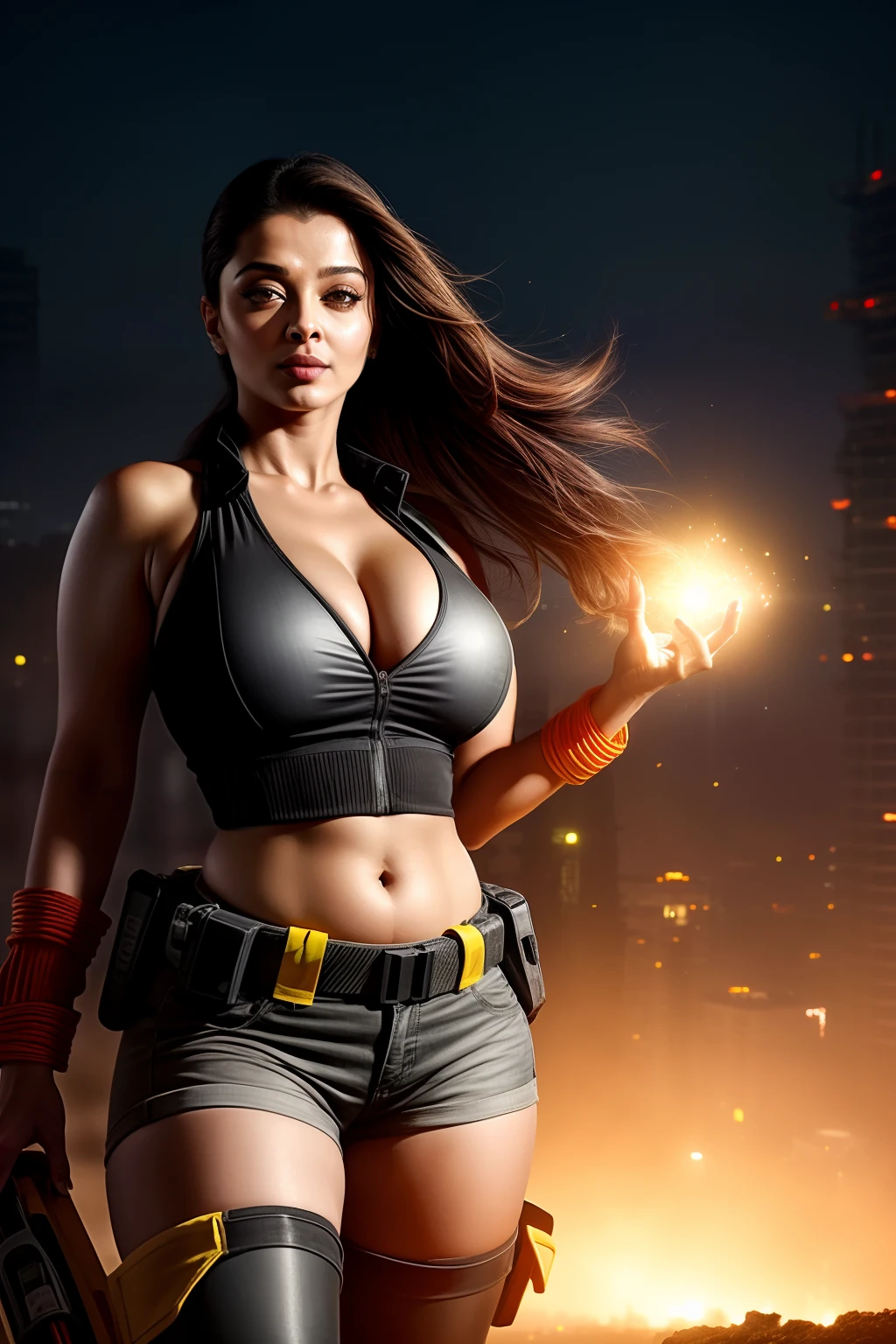 Aishwarya Rai as construction lady, black shorts, high boots, tank top, massive cleavage, posing in construction site, night scene, yellow helmet, navel out, breasts visible show, 90% breasts popping out, hourglass figure, massive breasts, nipple slip, fit, seductive face, look at camera and laugh, wet ponytail hair, erotic adult face, 40 yo, soft volumetric lights, intricate details, (ArtStation:1.2)