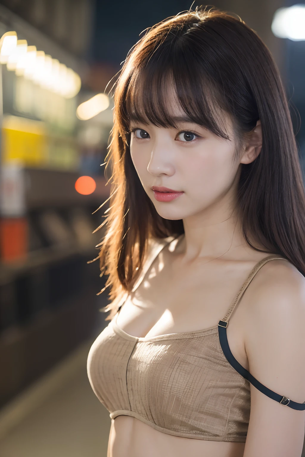 (8K, RAW images, best qualtiy, tmasterpiece: 1.2), (realisticlying, Realistic pictures: 1.37) ,1girll, adolable, scenecy, the night, Sateen, dampness, profesional lighting, photon maping, Radio City, Physically based displays, Bandeau,无袖,cropped shoulders,Crop topping,adolable,shyexpression,