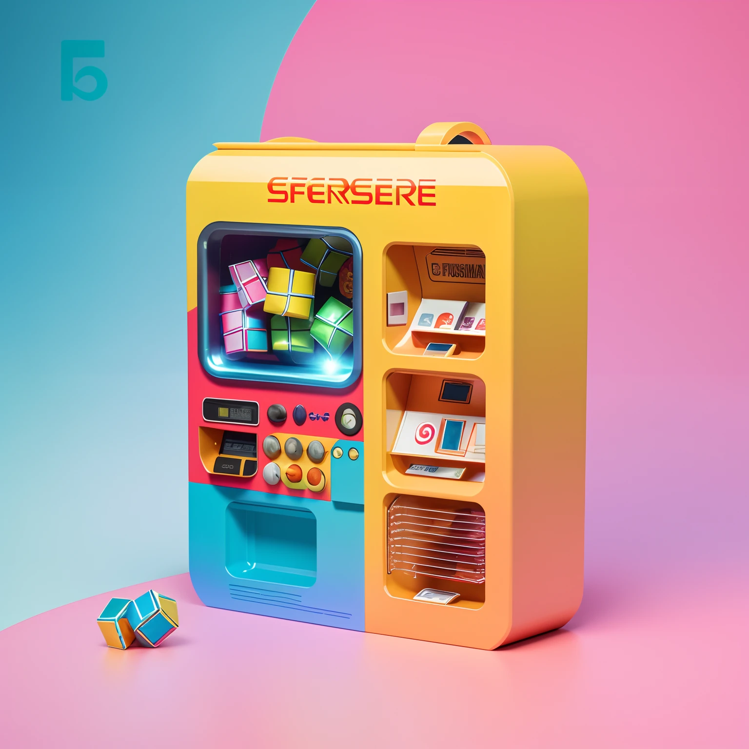 Close-up of toy with display，The fuselage has elements of a toy，vending machines，sci-fi vending machine，3D product render，There can be some specific description scenes on the machine，por exemplo, Someone goes to the vending machine to buy toys，Or describe buying a toy，Some combinations of foil scene elements， Product rendering，Stylistic references attract attention，Bright，A representative element of the fashion of sunlight，There are reasonable ones on the fuselage, For example, Someone goes，Buy toys and more，The overall color is mainly yellow and blue，Color distribution is 50 each%,nail art，People who shop and so on，Wish there were more elements，A little diversified，Fewer colors