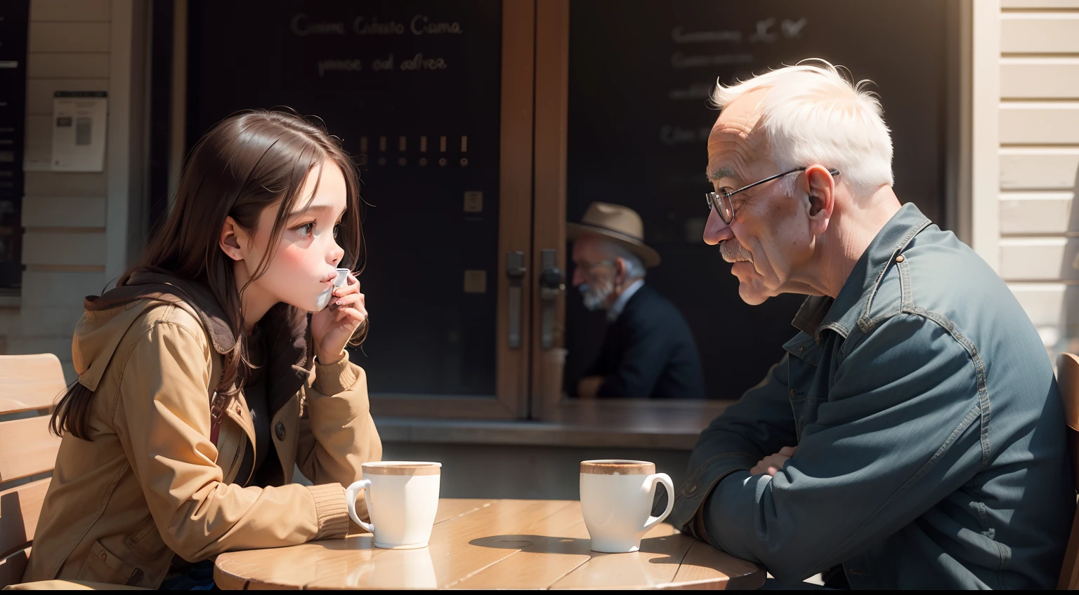 Two young Girls talking to a old man, man drinking coffee.