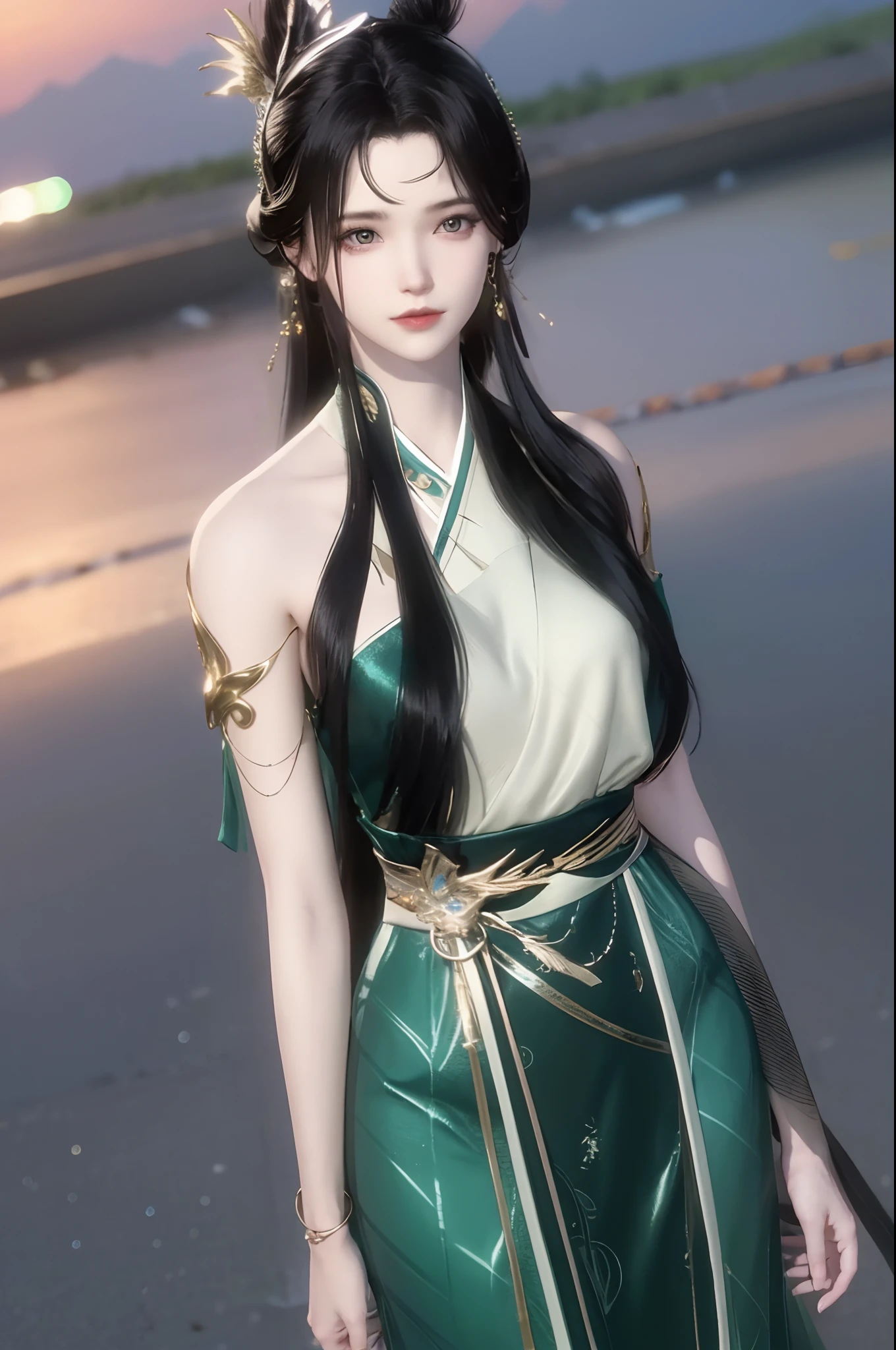 （best qualtiy，tmasterpiece：1.2），超高分辨率，realisticlying，Front lighting，Complicated details，Exquisitedetailsandtextures，（1girll），独奏，The upper part of the body，Green Hanfu，bamboo leaves pattern，Nice big eyes，Green dress，Bamboo leaf decoration，beauitful face，facing to audience，Streamers，gossamer，（年轻），Facial highlights，Detal Face，tear-mole，white skinned，Silvery hair，High ponytail，looking at viewert，largeeyes，（Openwork pattern），耳Nipple Ring，slimfigure，white backgrounid，correct hand，profesional lighting，photon maping，Radio City，physically-based renderingt