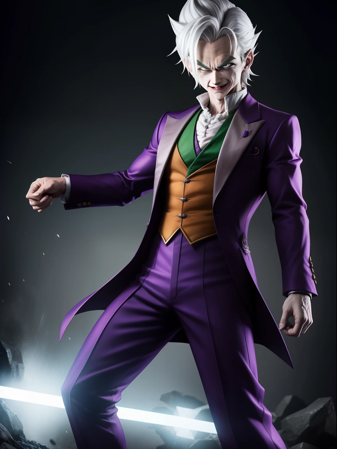 A gohan as a joker, silver hair, cinematic, extreem realistic, extreem detailed, extreem Sharp, full body shot