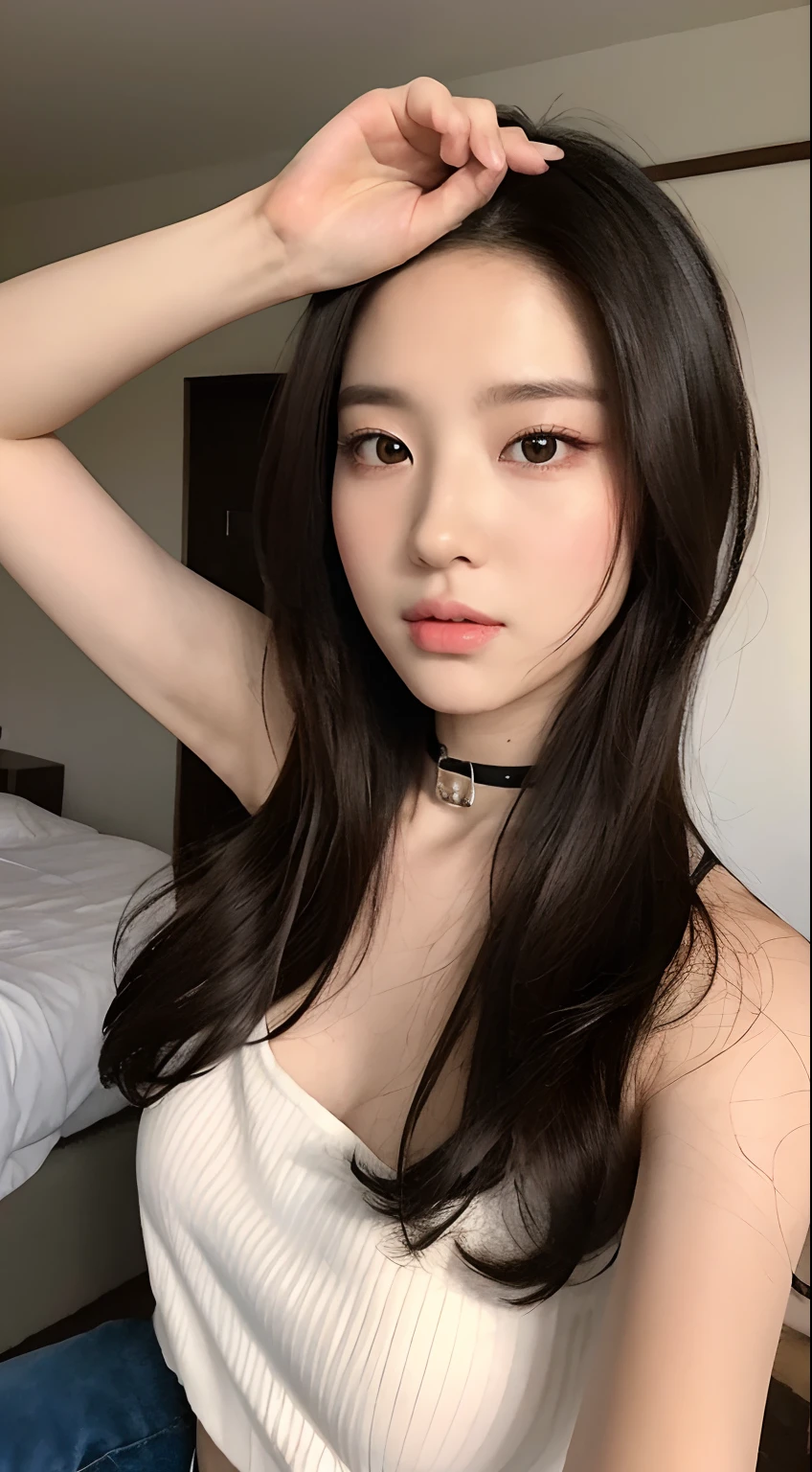 ((top-quality,8K,tmasterpiece:1.3)),Beautuful Women,Hide your face,2 girls,big breasts beautiful:1.3,Slender abs:1.1,camisole,,longblackhair,(sit on a bed),Super detailed face,Highly detailed lips,Detailed eyes,二重まぶた,Collar