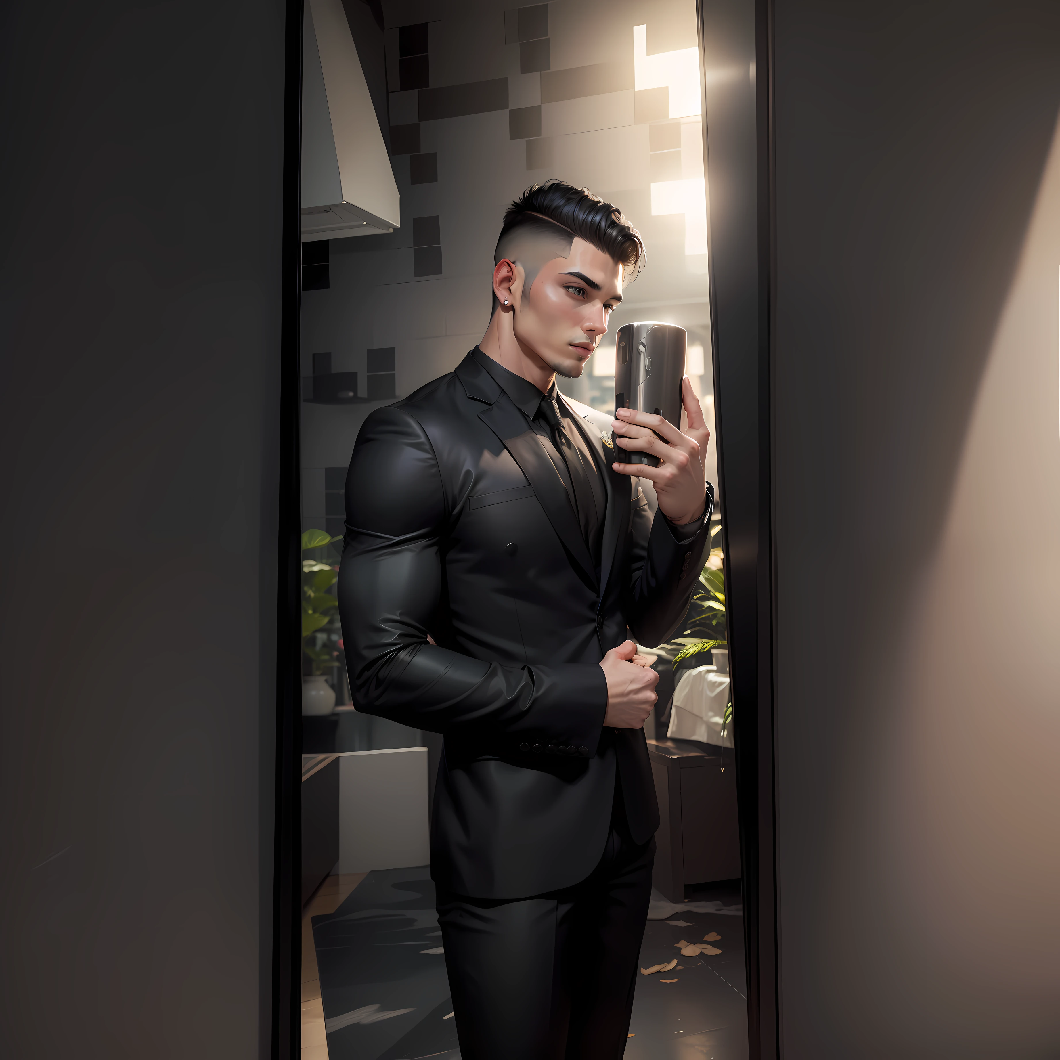 Handsome Boy Body Builder Change Black Suit And fade hair
