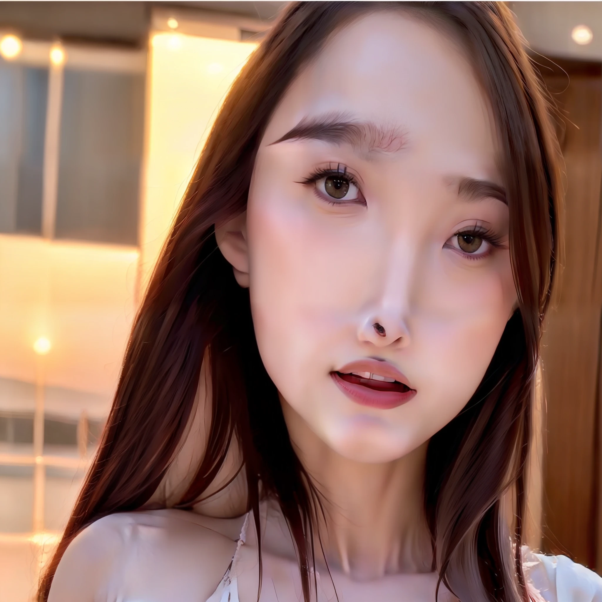 (Danfeng Eyes:1.3,Danfeng Eyes:1.3),18 years old cute Korean,big round breasts,,cropped tank top,a skirt,beautiful eyes in detail,eyeslashes,beautiful double eyelid,eye shadows,dropping eyes,Cut off the eyes,thin beautiful thighs,Beautiful thin legs,Perfect eye makeup,((seduct smile,Squeaky look,Evil expression)),High-rise hotel, Night view from the window, Glass-walled room,Kneel on a large bed,Brown hair,